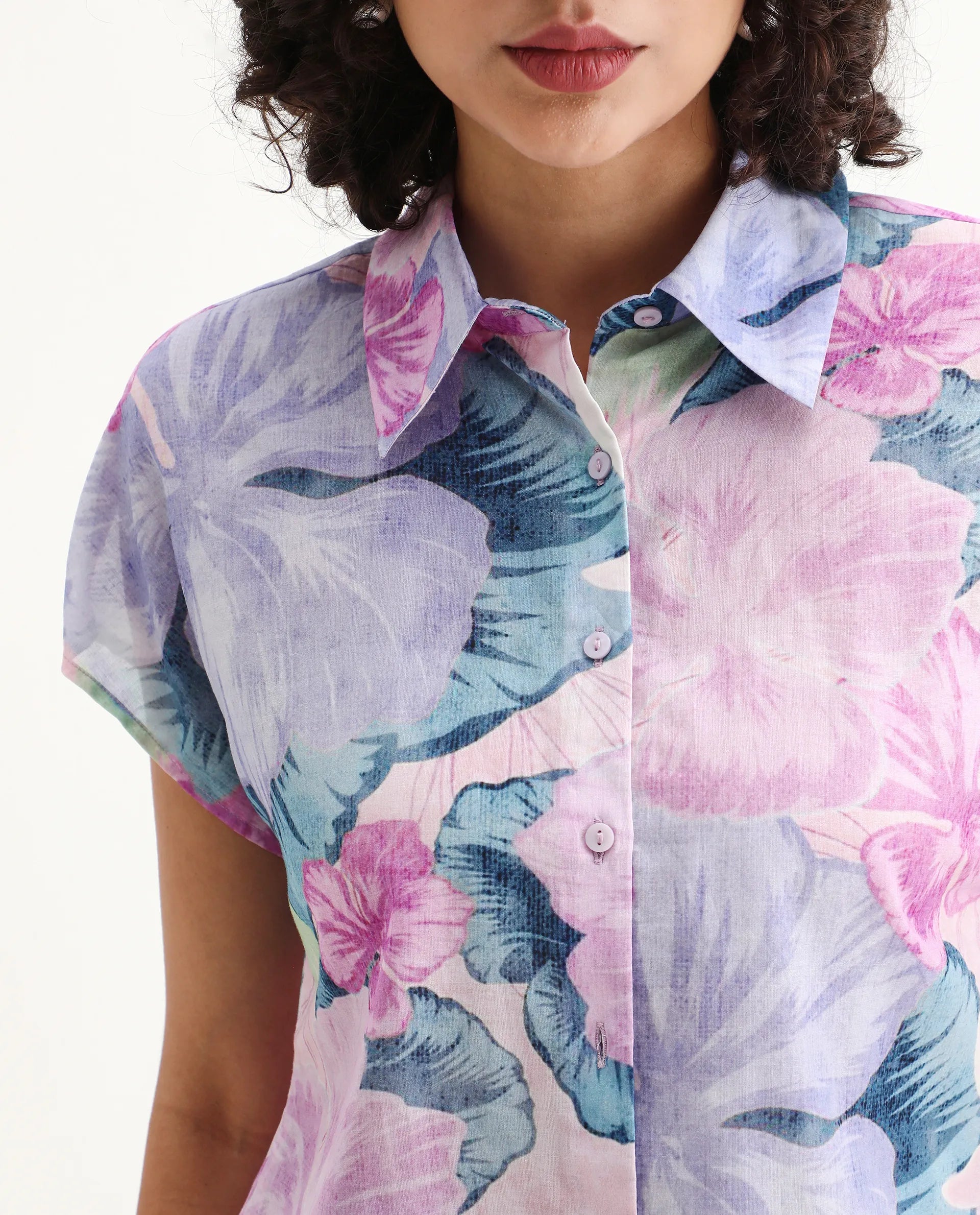 Rareism Women's Prell Multi Cotton Spread Collar Floral Print Sleeveless Regular Fit Top