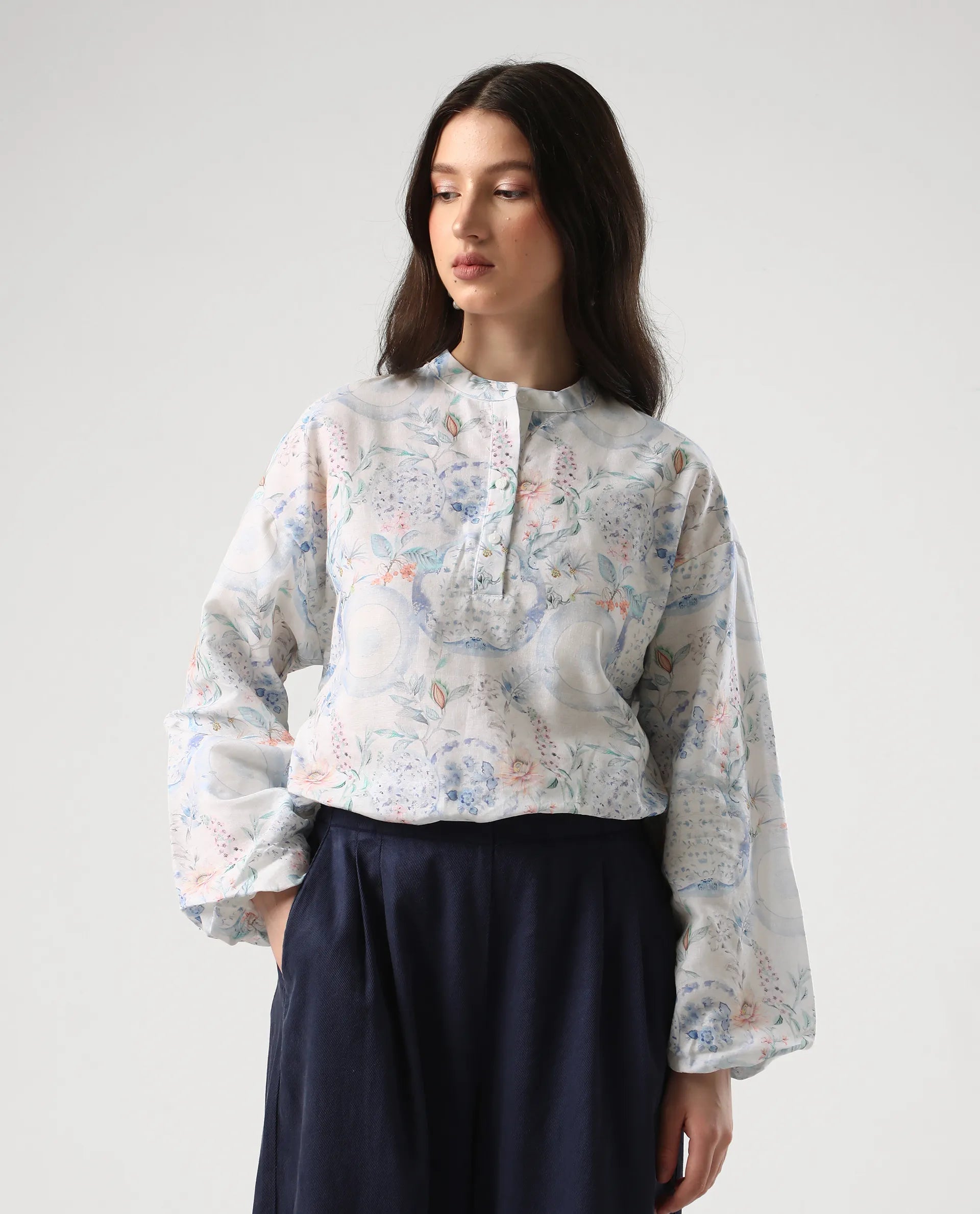 Rareism Women's Premer T Multi Cotton Blend Mandarin Collar Abstract Print Balloon Sleeve Regular Fit Top