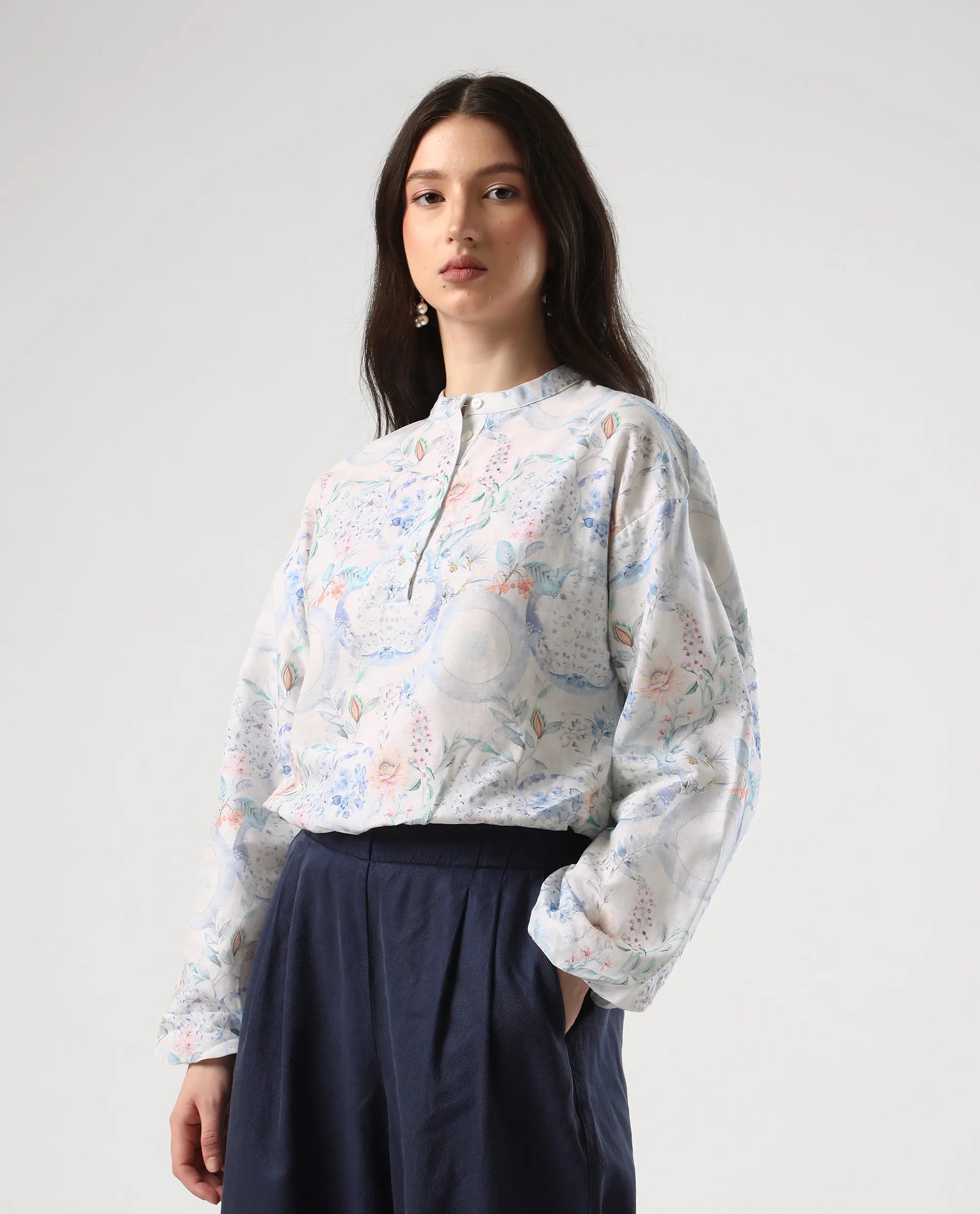 Rareism Women's Premer T Multi Cotton Blend Mandarin Collar Abstract Print Balloon Sleeve Regular Fit Top