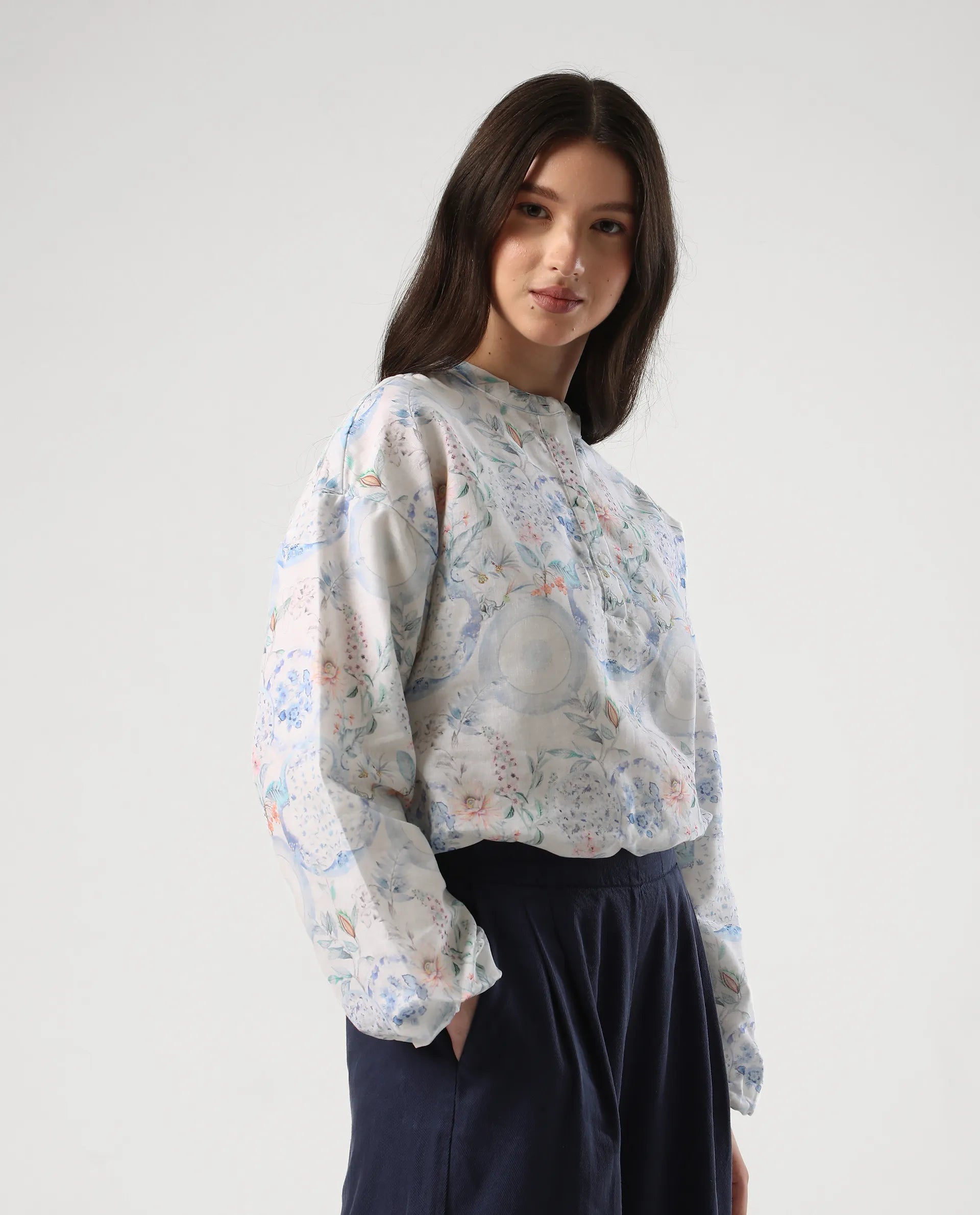 Rareism Women's Premer T Multi Cotton Blend Mandarin Collar Abstract Print Balloon Sleeve Regular Fit Top