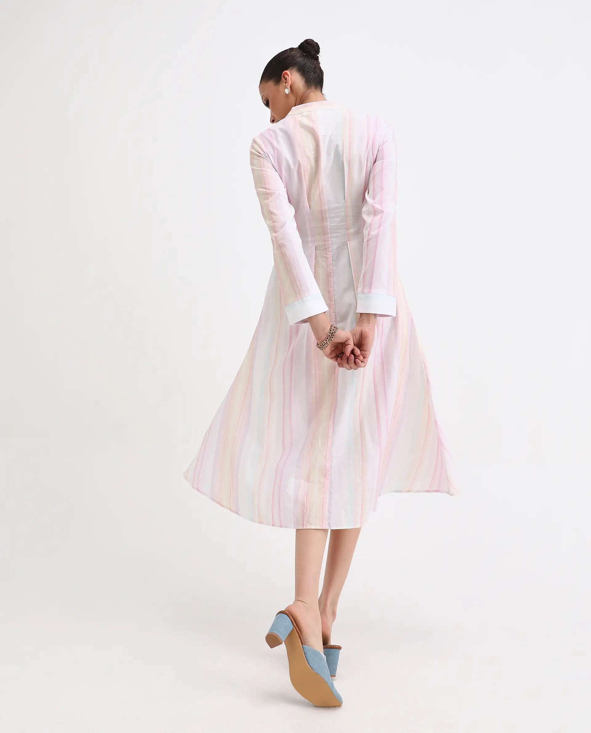 Rareism Women's Premty Multi Cotton Mandarin Collar Striped Cuffed Sleeve Maxi Flared Dress