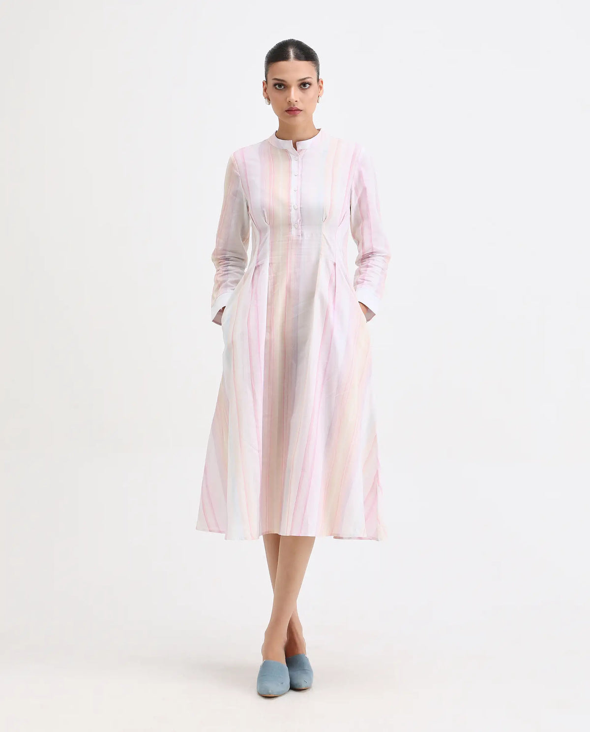 Rareism Women's Premty Multi Cotton Mandarin Collar Striped Cuffed Sleeve Maxi Flared Dress
