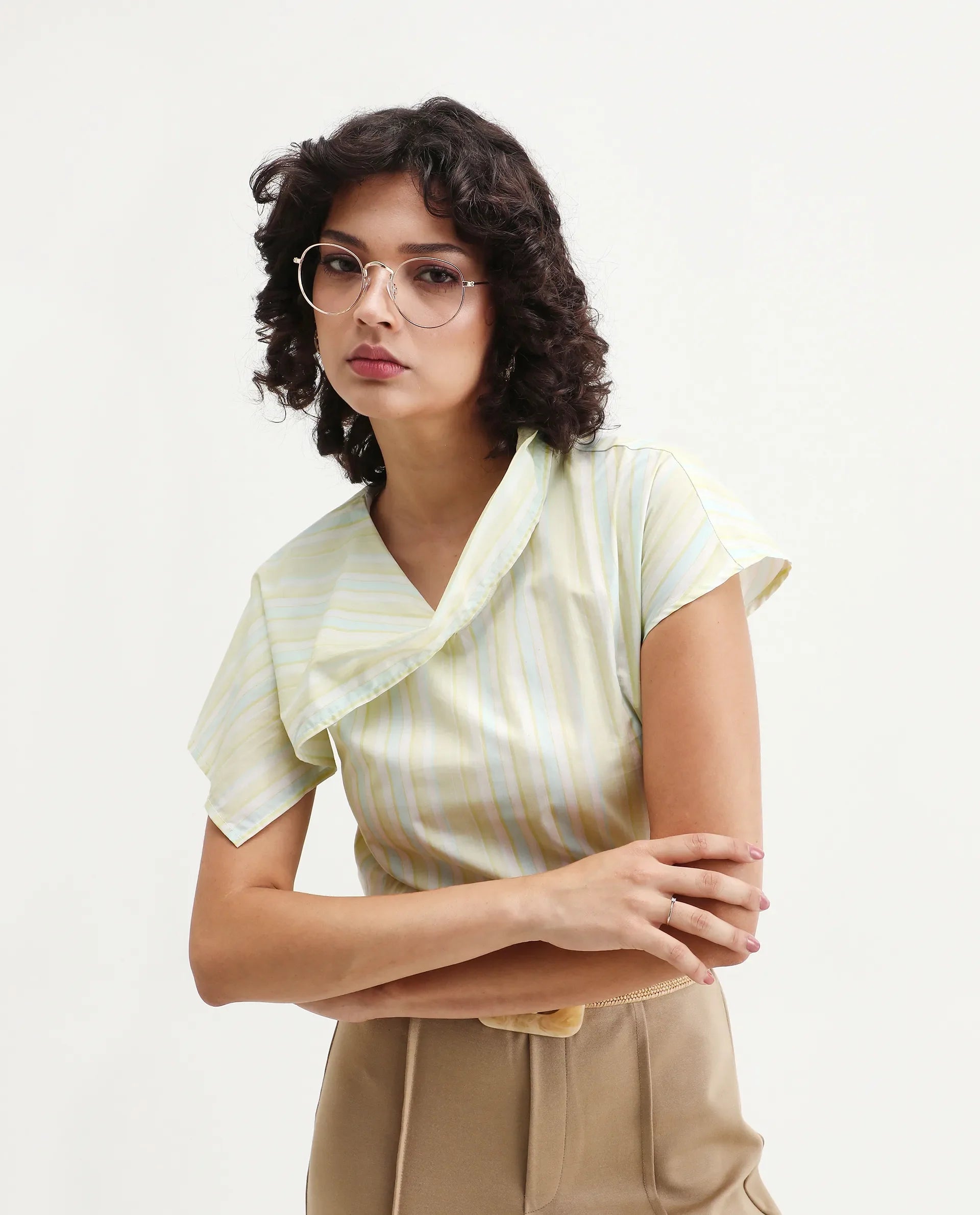 Rareism Women's Prerty Multi Cotton Asymmetric Neck Striped Extended Sleeves Crop Regular Fit Top