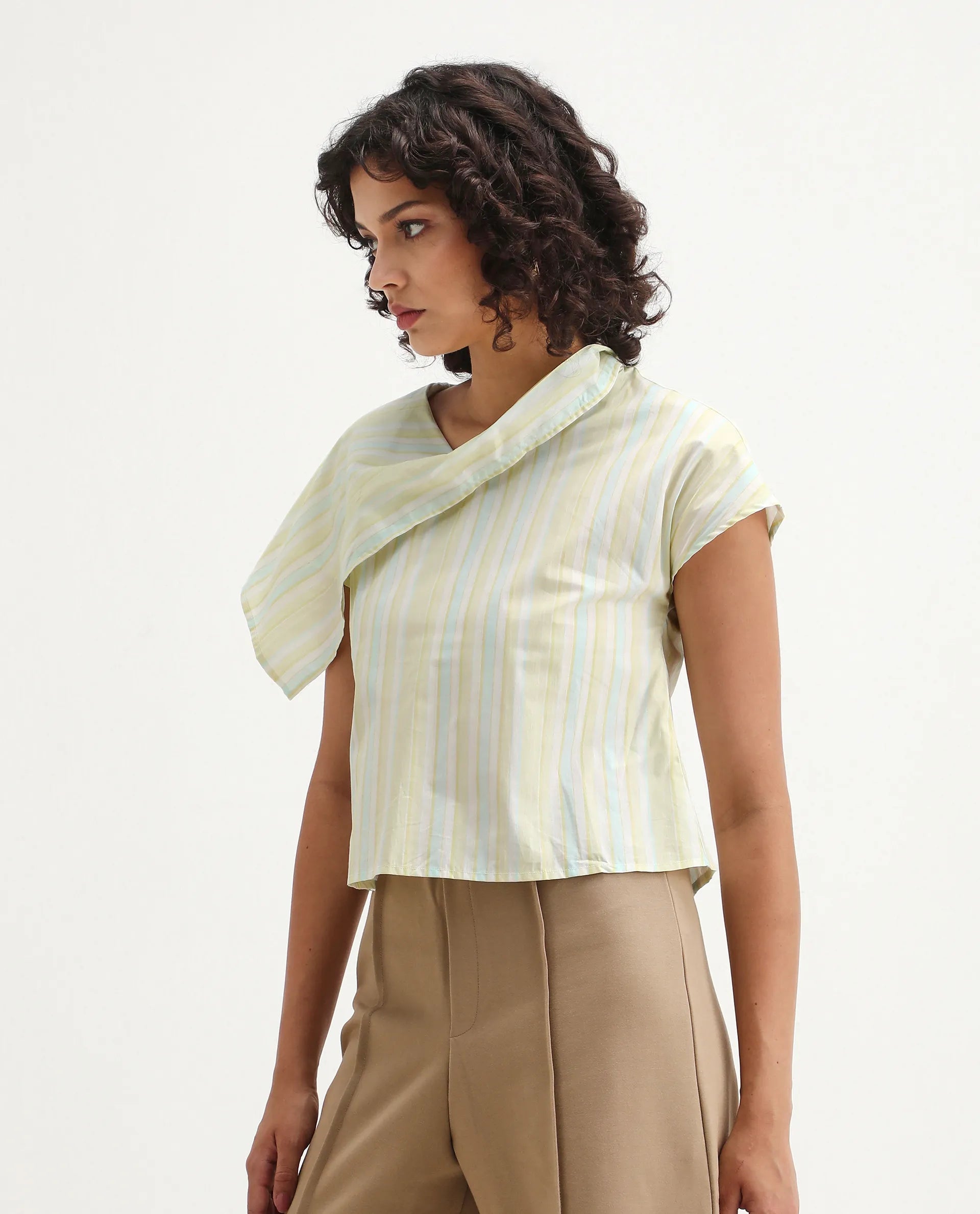 Rareism Women's Prerty Multi Cotton Asymmetric Neck Striped Extended Sleeves Crop Regular Fit Top