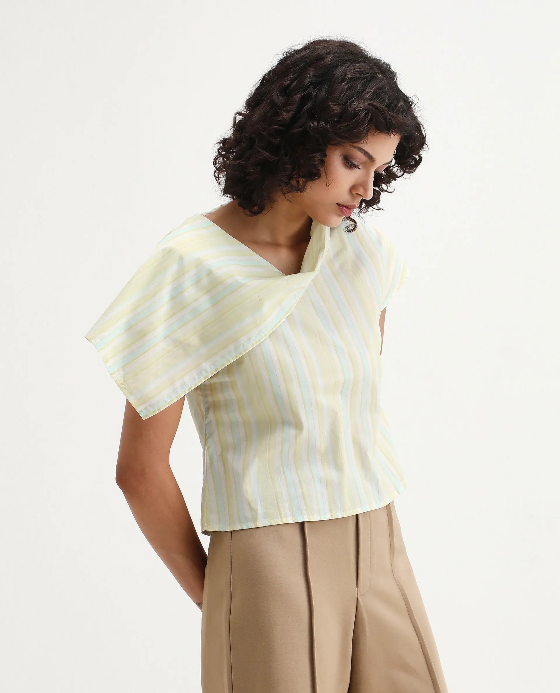 Rareism Women's Prerty Multi Cotton Asymmetric Neck Striped Extended Sleeves Crop Regular Fit Top