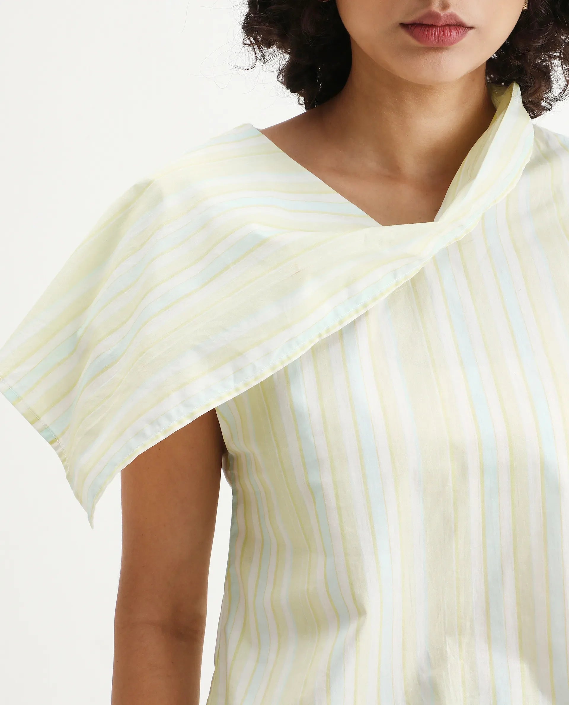 Rareism Women's Prerty Multi Cotton Asymmetric Neck Striped Extended Sleeves Crop Regular Fit Top