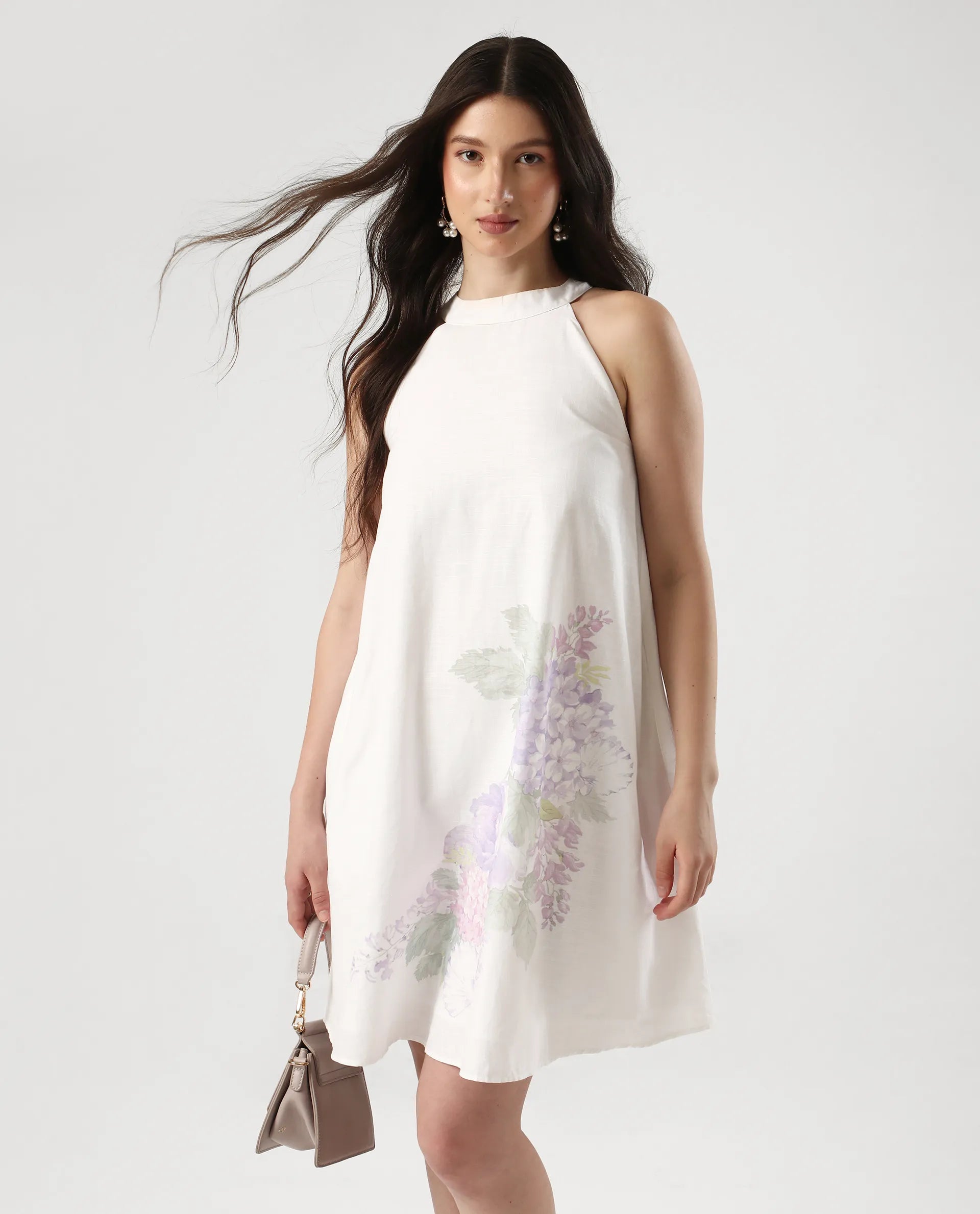 Rareism Women's Pret White Cotton Halter Neck Floral Print Sleeveless Mini Flared Dress