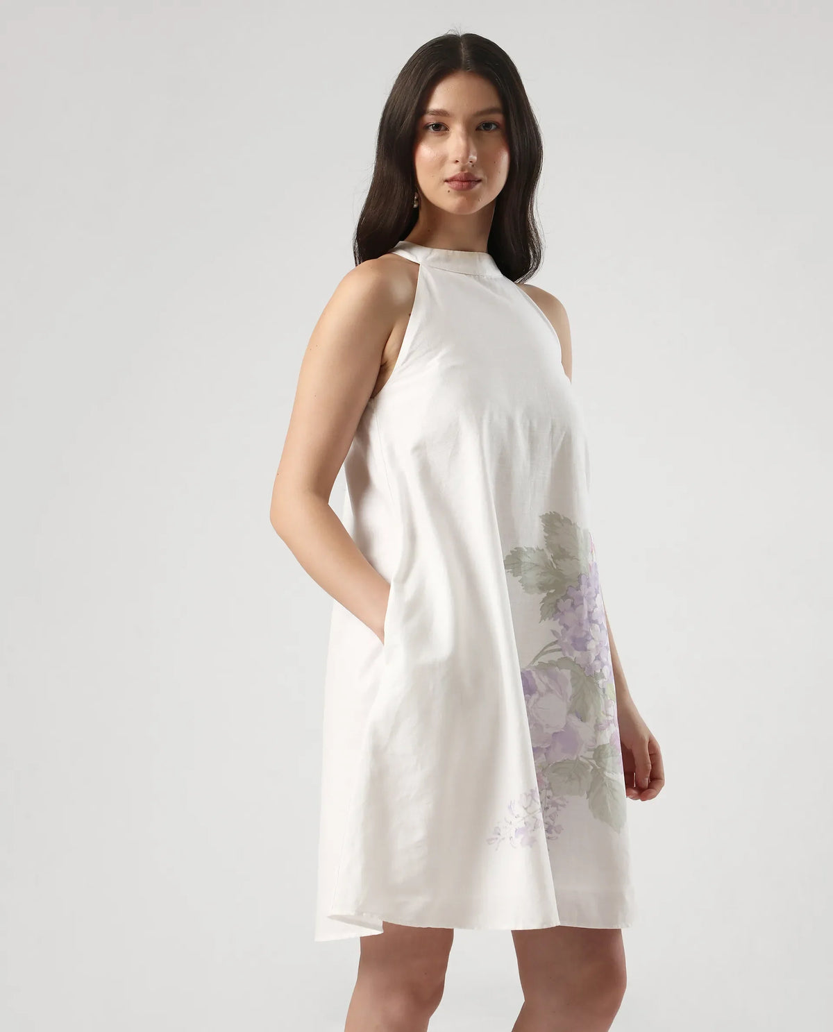 Rareism Women's Pret White Cotton Halter Neck Floral Print Sleeveless Mini Flared Dress