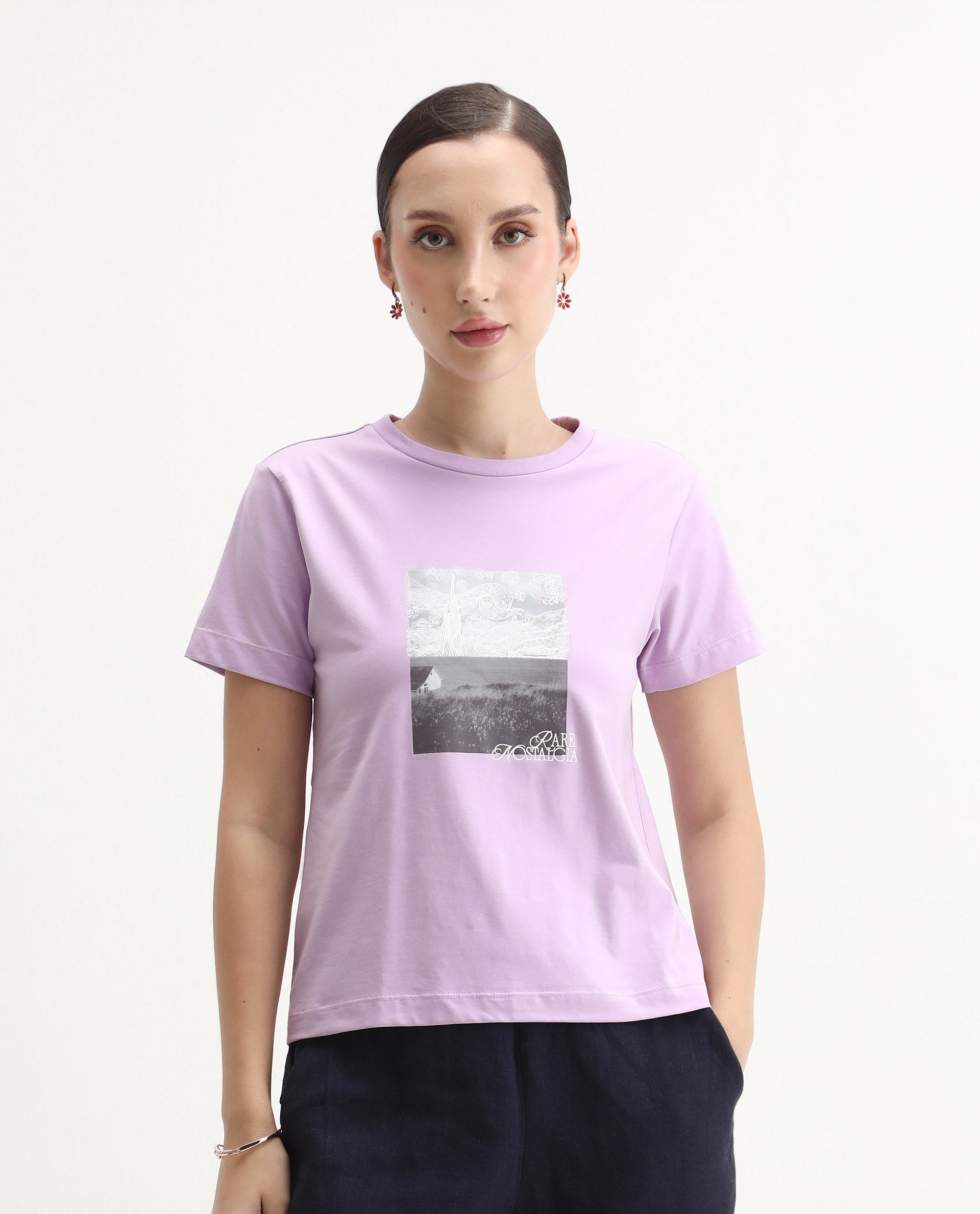 Rareism Women's Prife Light Purple Cotton Blend Crew Neck Graphic Print Regular Fit T-Shirt