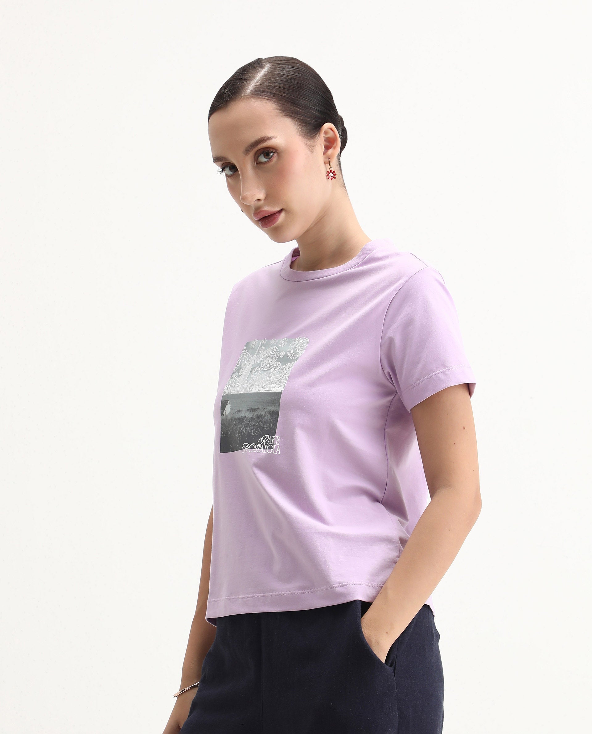 Rareism Women's Prife Light Purple Cotton Blend Crew Neck Graphic Print Regular Fit T-Shirt