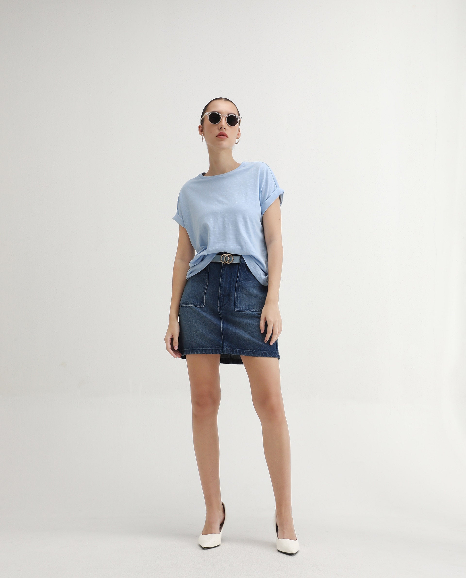Rareism Women's Prisk Light Blue Cotton Crew Neck Plain Extended Sleeves Regular Fit T-Shirt