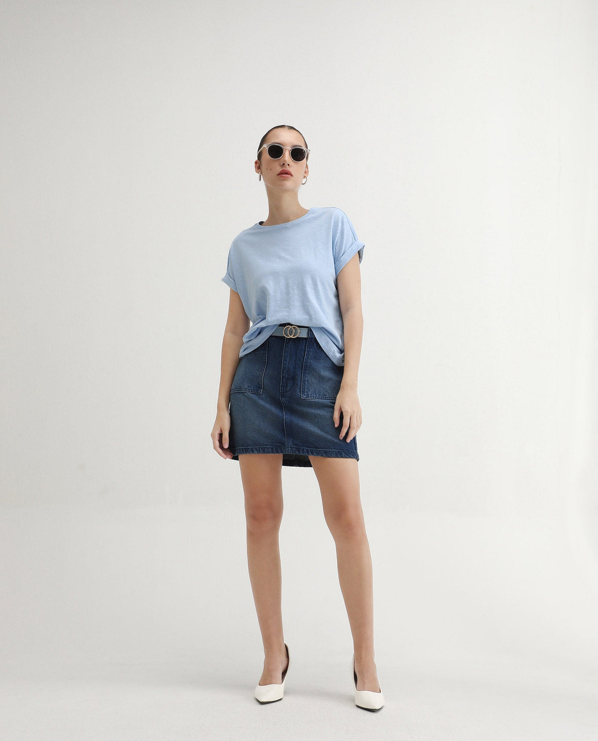 Rareism Women's Prisk Light Blue Cotton Crew Neck Plain Extended Sleeves Regular Fit T-Shirt