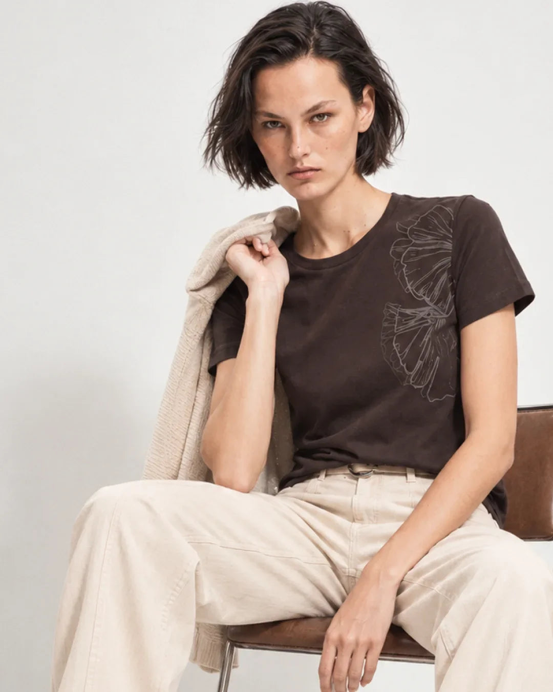 Rareism Women's Puncho Dark Brown Cotton Blend Pull-On Regular Fit Printed T-Shirt
