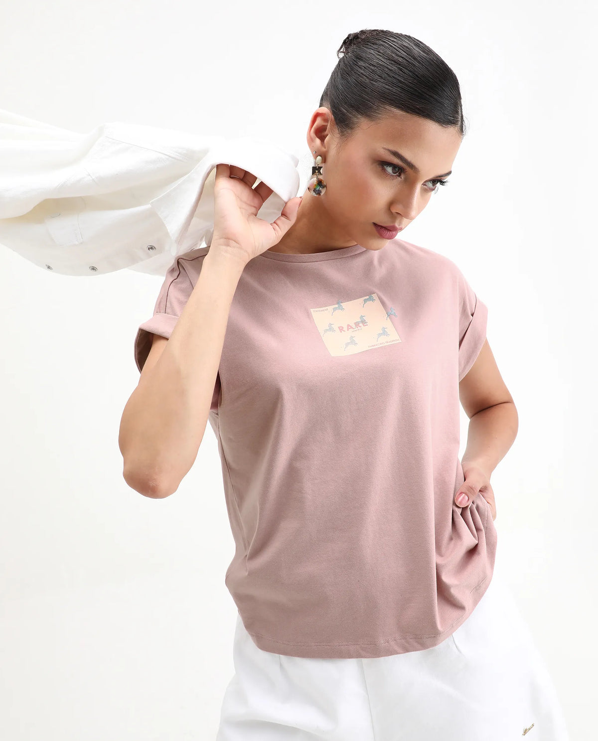 Rareism Women's Rabe Light Pink Cotton Blend Crew Neck Relaxed Fit T-Shirt