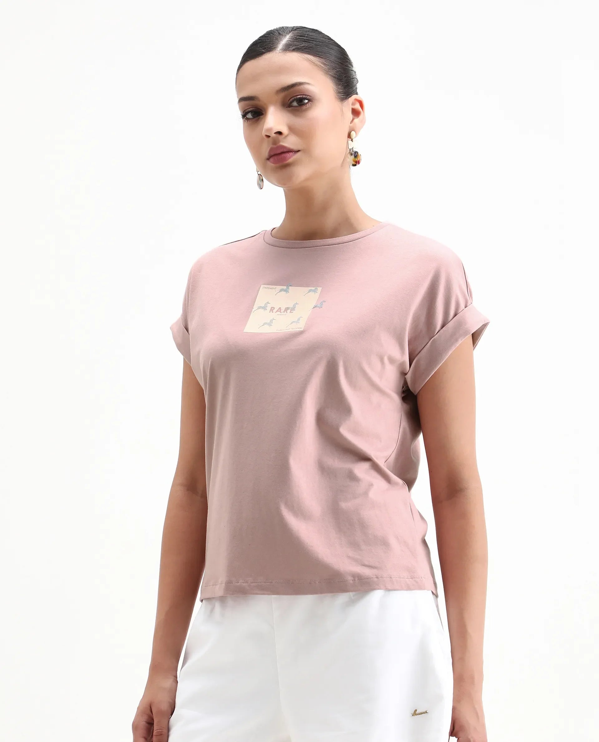 Rareism Women's Rabe Light Pink Cotton Blend Crew Neck Relaxed Fit T-Shirt