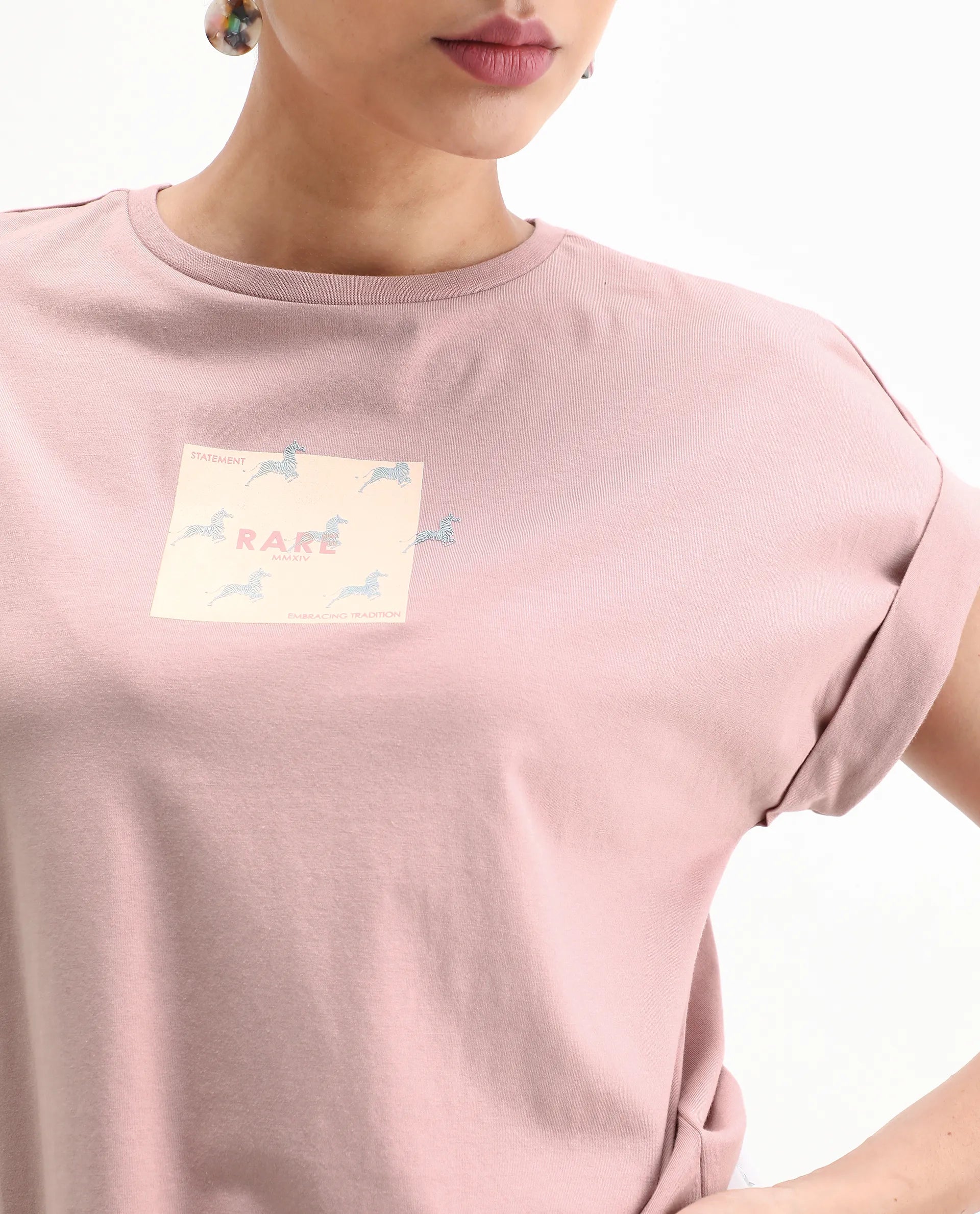 Rareism Women's Rabe Light Pink Cotton Blend Crew Neck Relaxed Fit T-Shirt