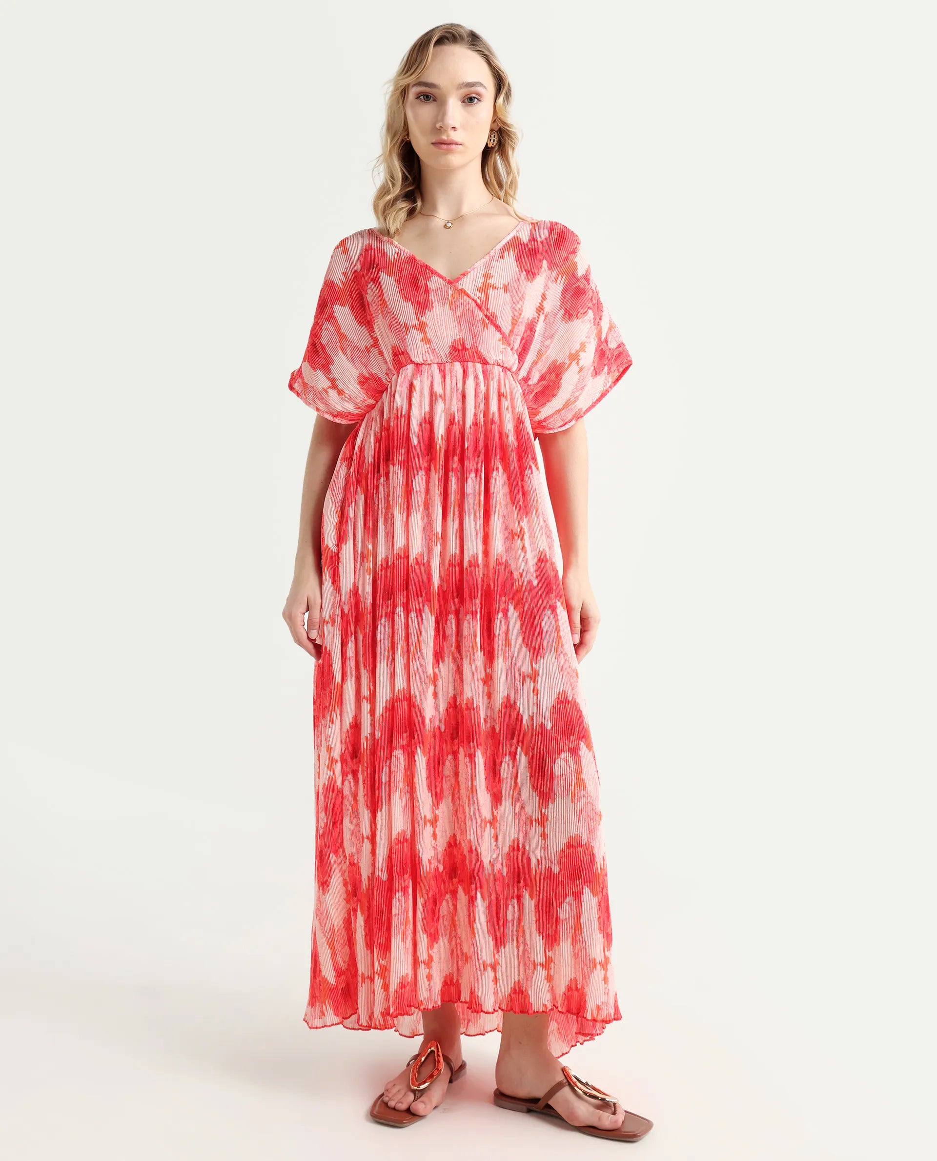 Rareism Women's Ravoli Red Polyester Overlap Neck Floral Print Extended Sleeves Maxi Relaxed Fit Dress