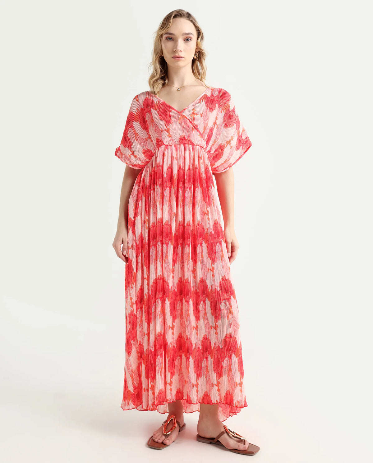 Rareism Women's Ravoli Red Polyester Overlap Neck Floral Print Extended Sleeves Maxi Relaxed Fit Dress