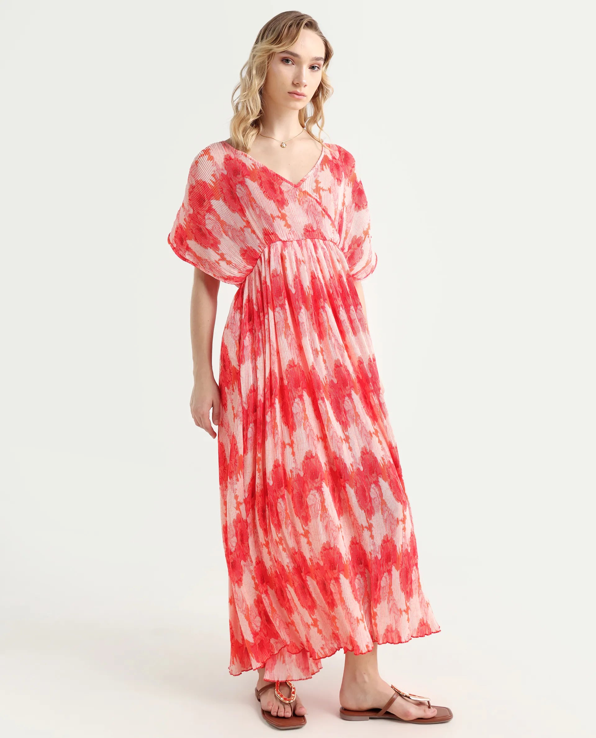 Rareism Women's Ravoli Red Polyester Overlap Neck Floral Print Extended Sleeves Maxi Relaxed Fit Dress