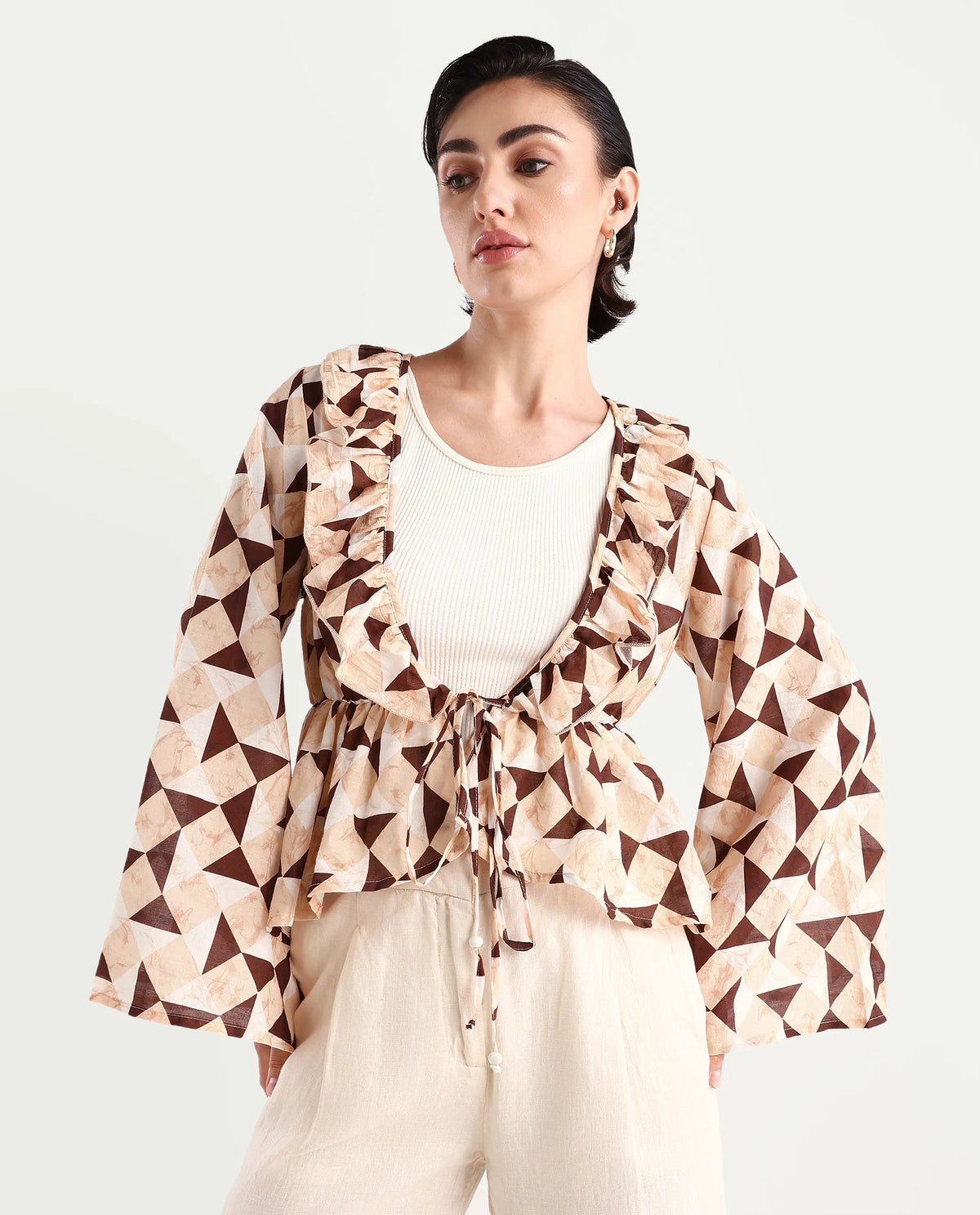 Rareism Women's Reggio Light Multi Cotton Blend Tie-Up Neck Geometric Print Bell Sleeve Regular Fit Top