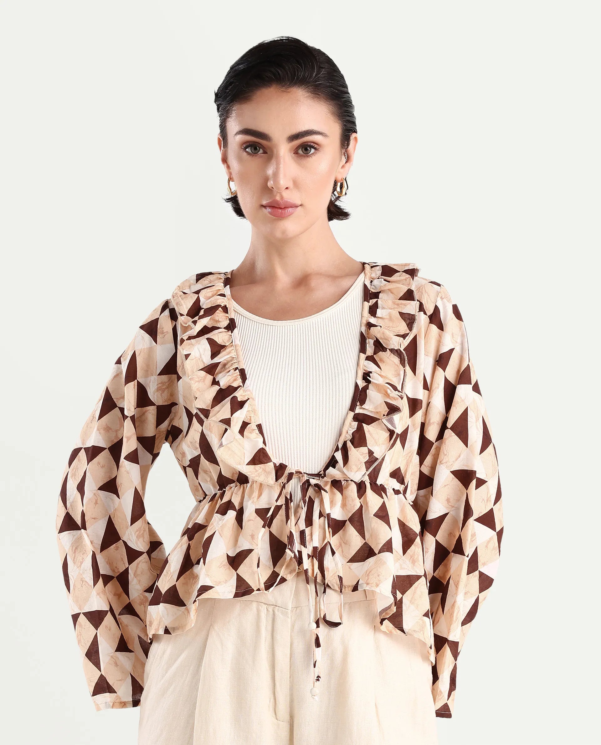 Rareism Women's Reggio Light Multi Cotton Blend Tie-Up Neck Geometric Print Bell Sleeve Regular Fit Top