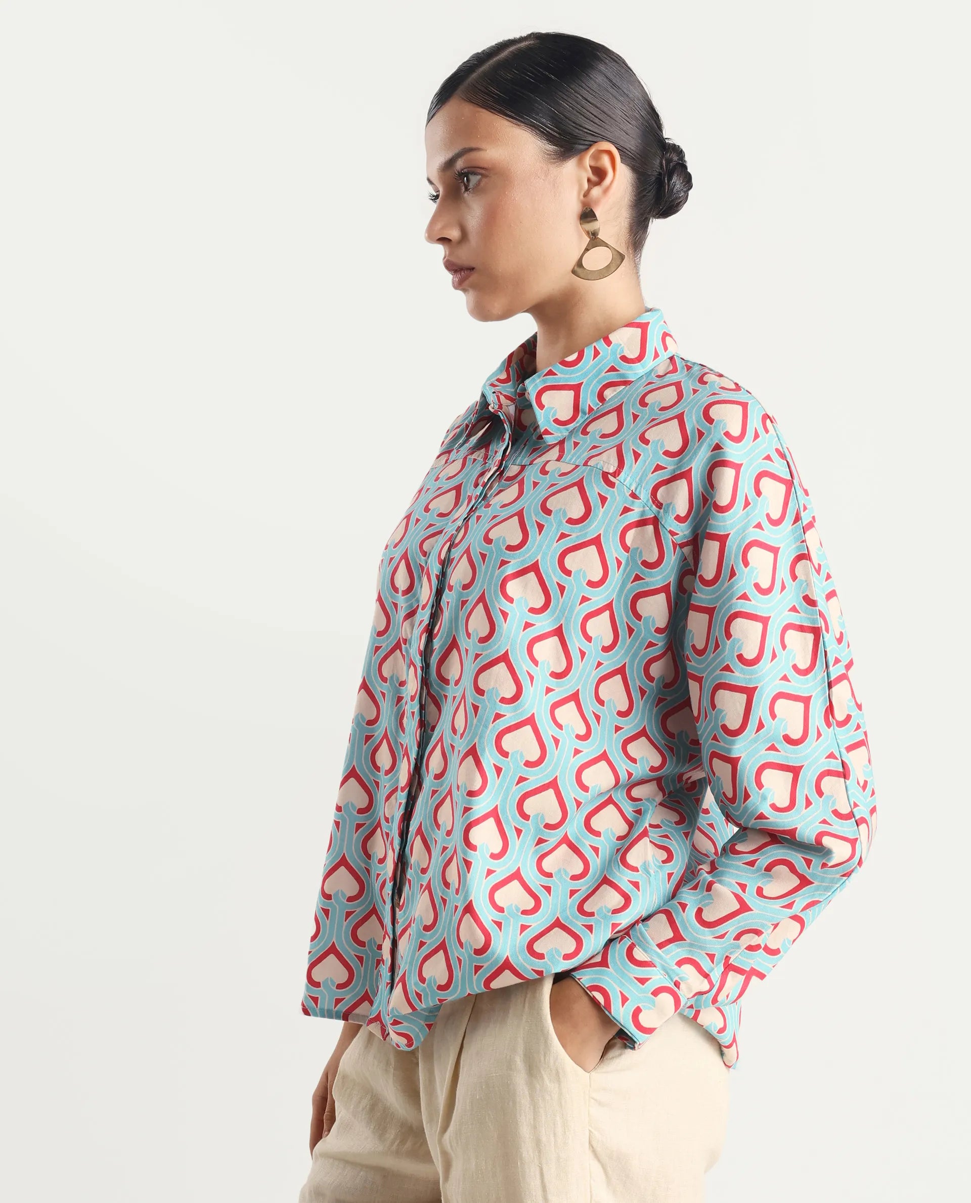 Rareism Women's Repece Multi Cotton Blend Drop Collar Geometric Print Boxy Fit Top