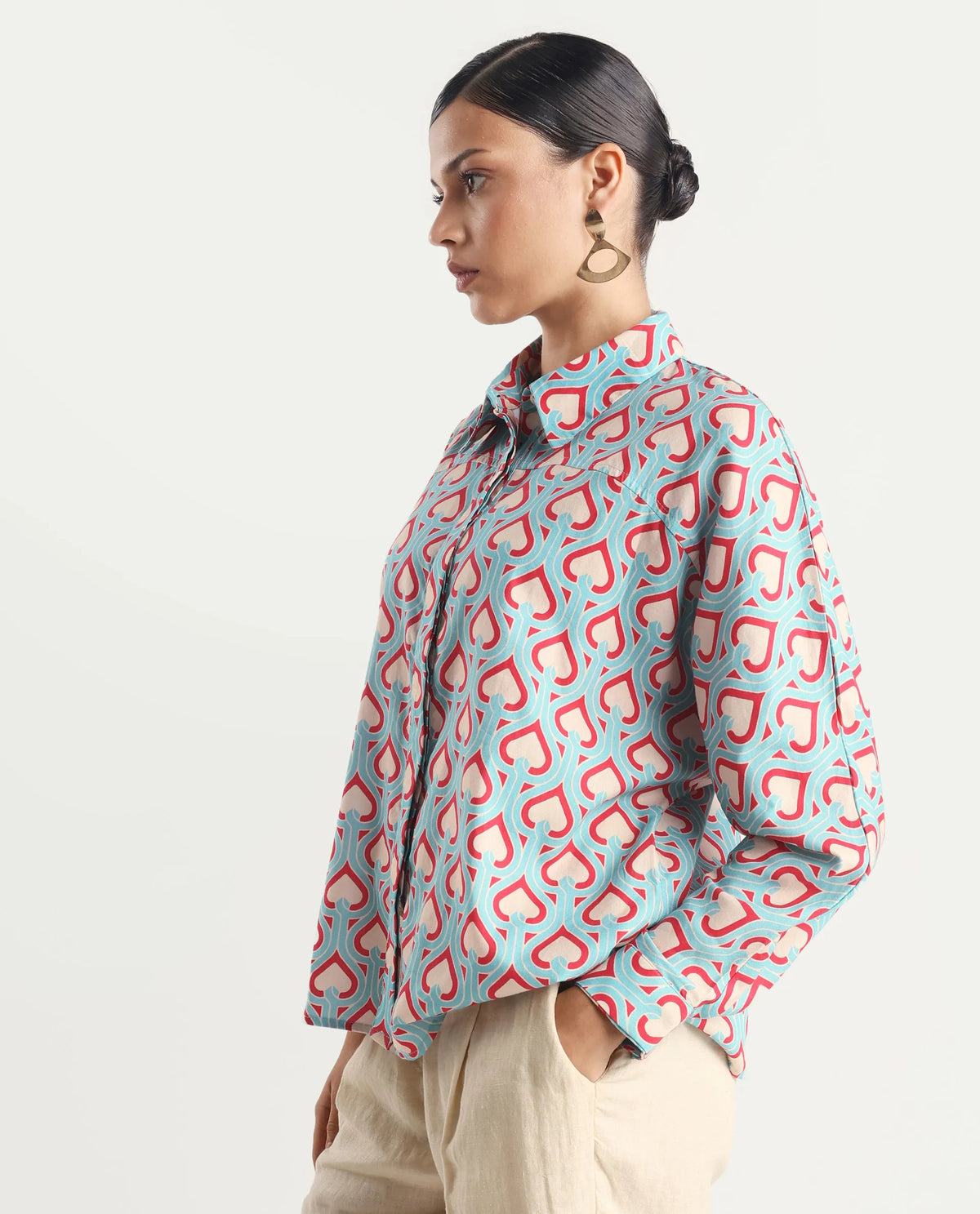 Rareism Women's Repece Multi Cotton Blend Drop Collar Geometric Print Boxy Fit Top