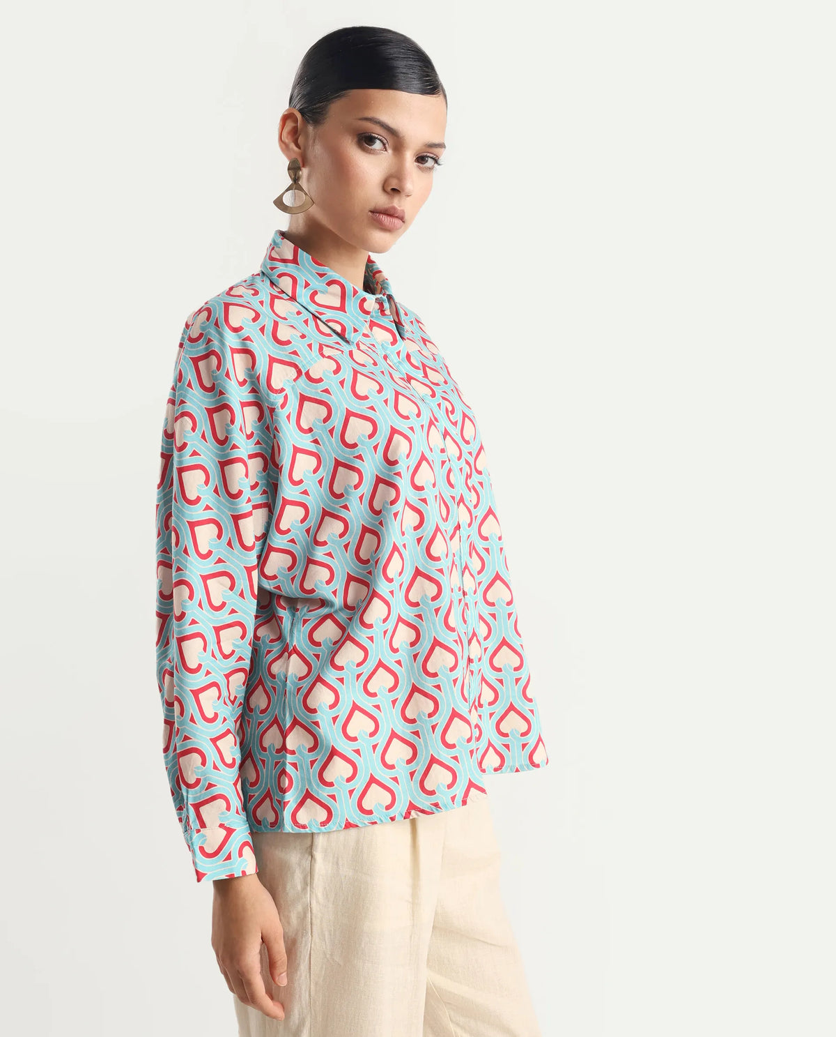 Rareism Women's Repece Multi Cotton Blend Drop Collar Geometric Print Boxy Fit Top