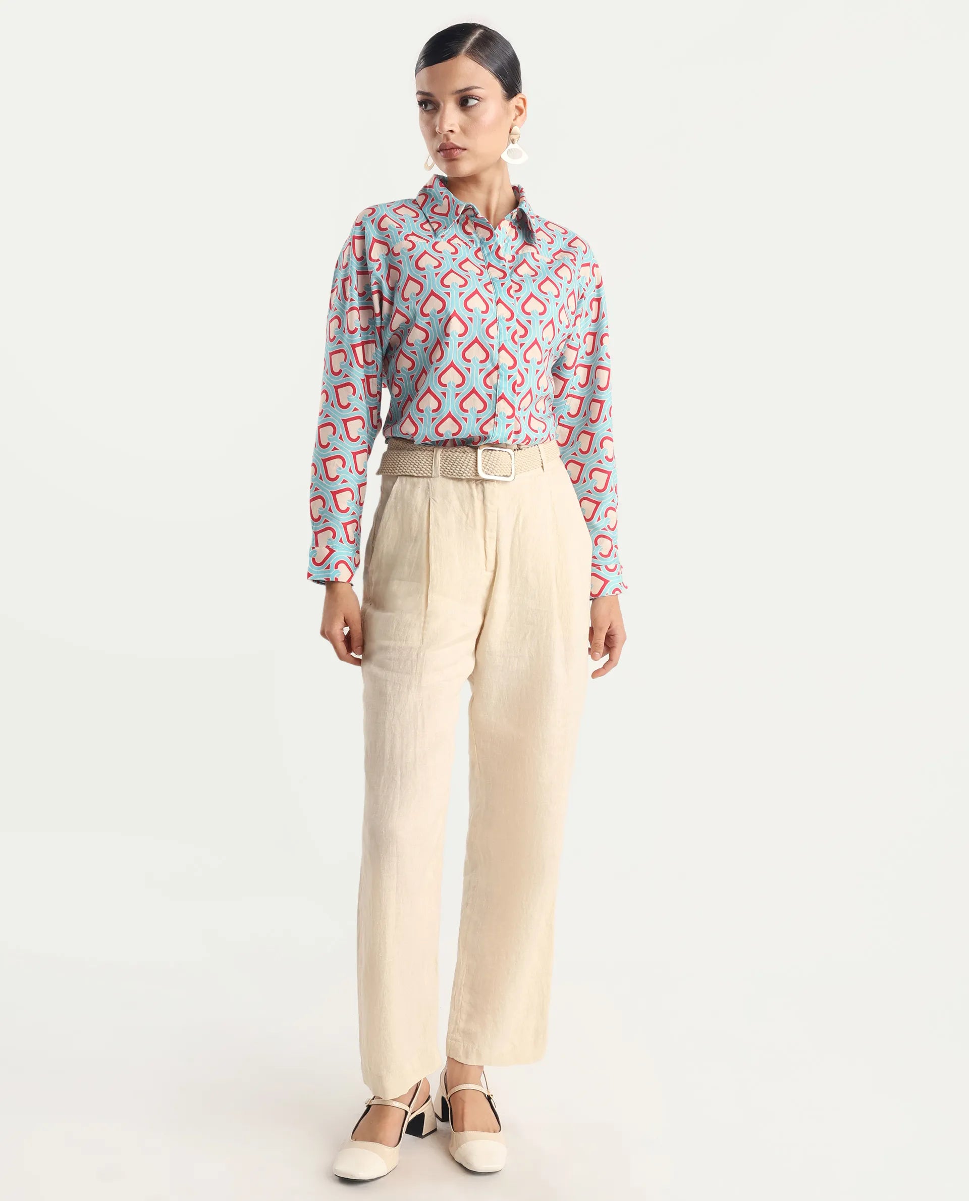 Rareism Women's Repece Multi Cotton Blend Drop Collar Geometric Print Boxy Fit Top