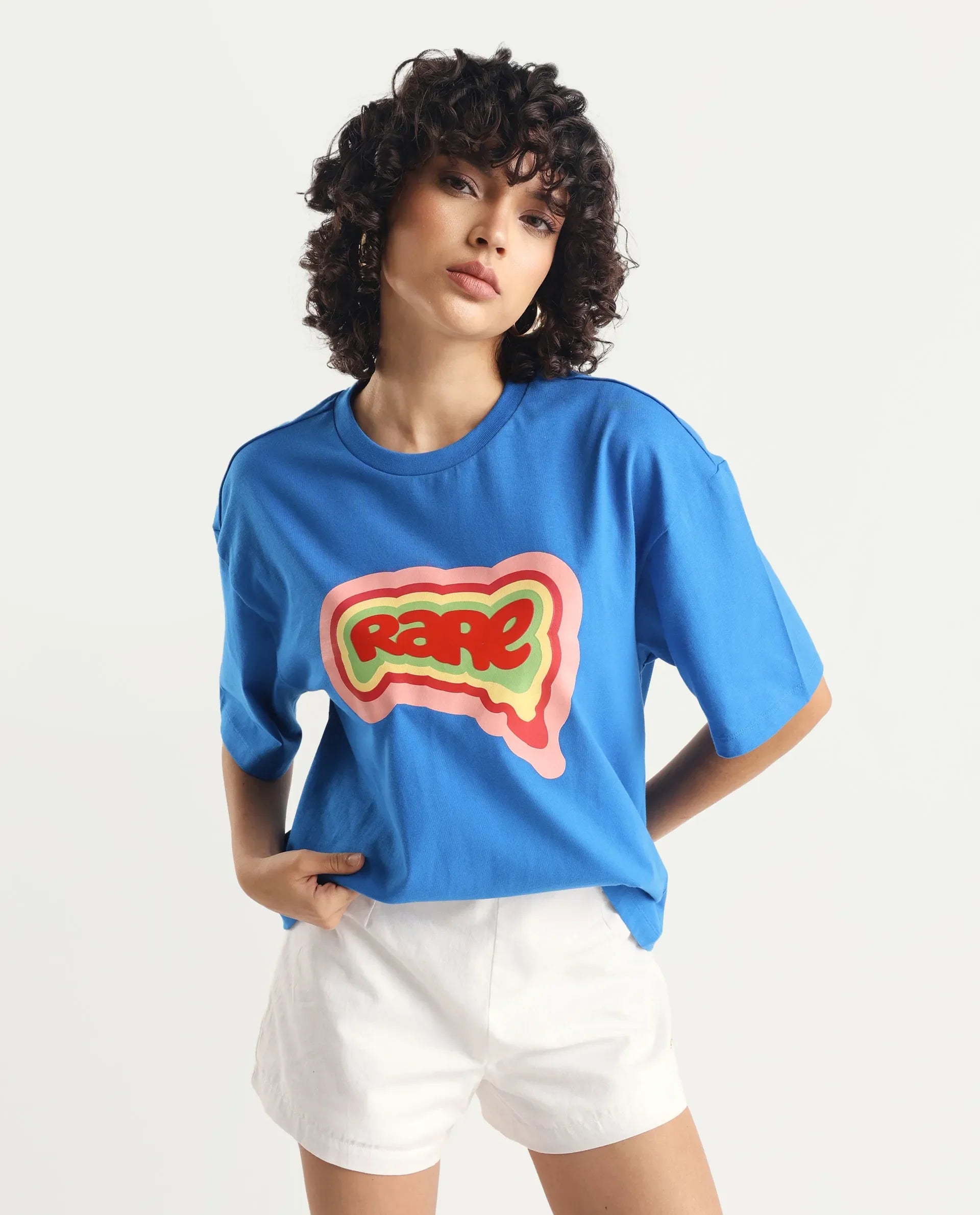 Rareism Women's Retriz Blue Cotton Crew Neck Graphic Print Oversized T-Shirt