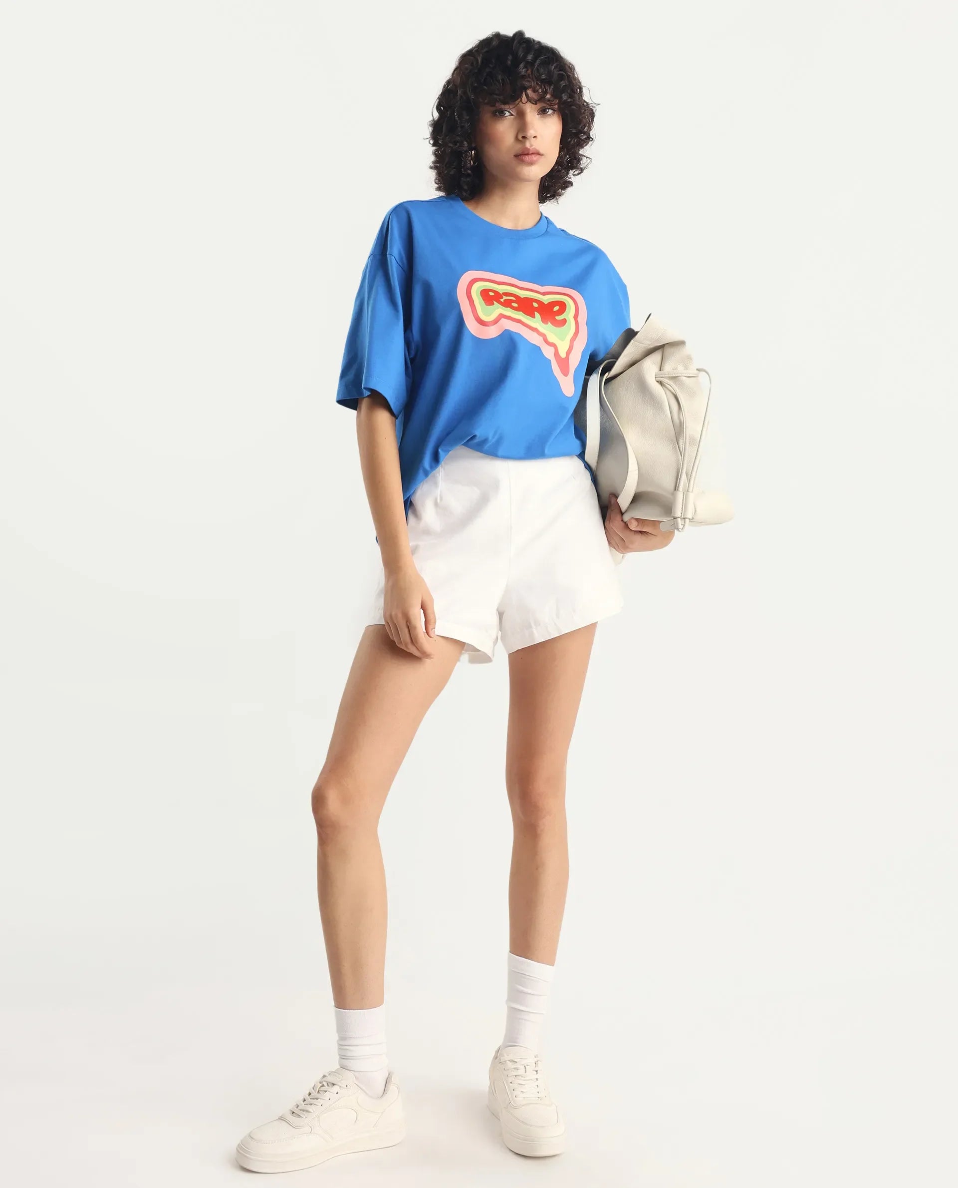 Rareism Women's Retriz Blue Cotton Crew Neck Graphic Print Oversized T-Shirt