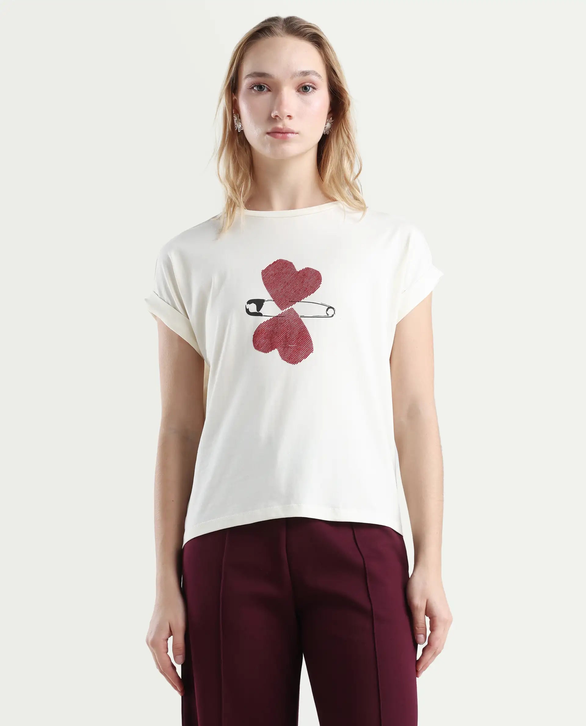 Rareism Women's Reve Off White Cotton Blend Crew Neck Relaxed Fit T-Shirt