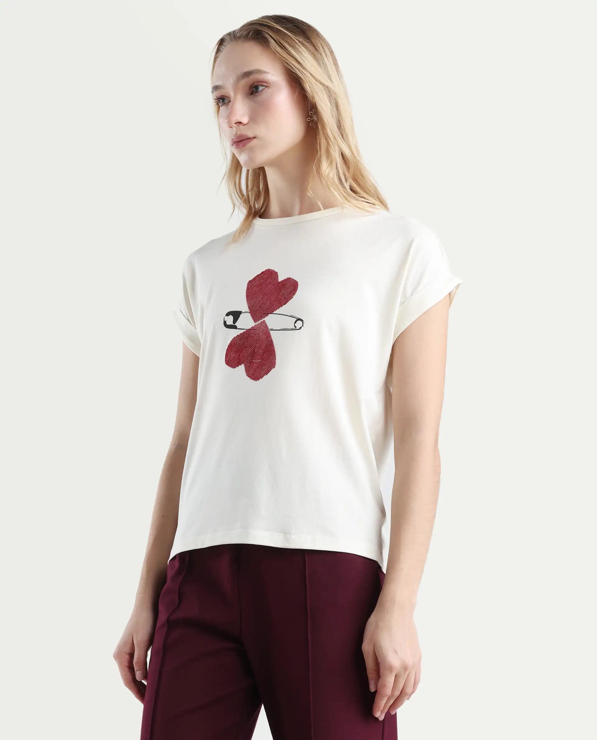 Rareism Women's Reve Off White Cotton Blend Crew Neck Relaxed Fit T-Shirt