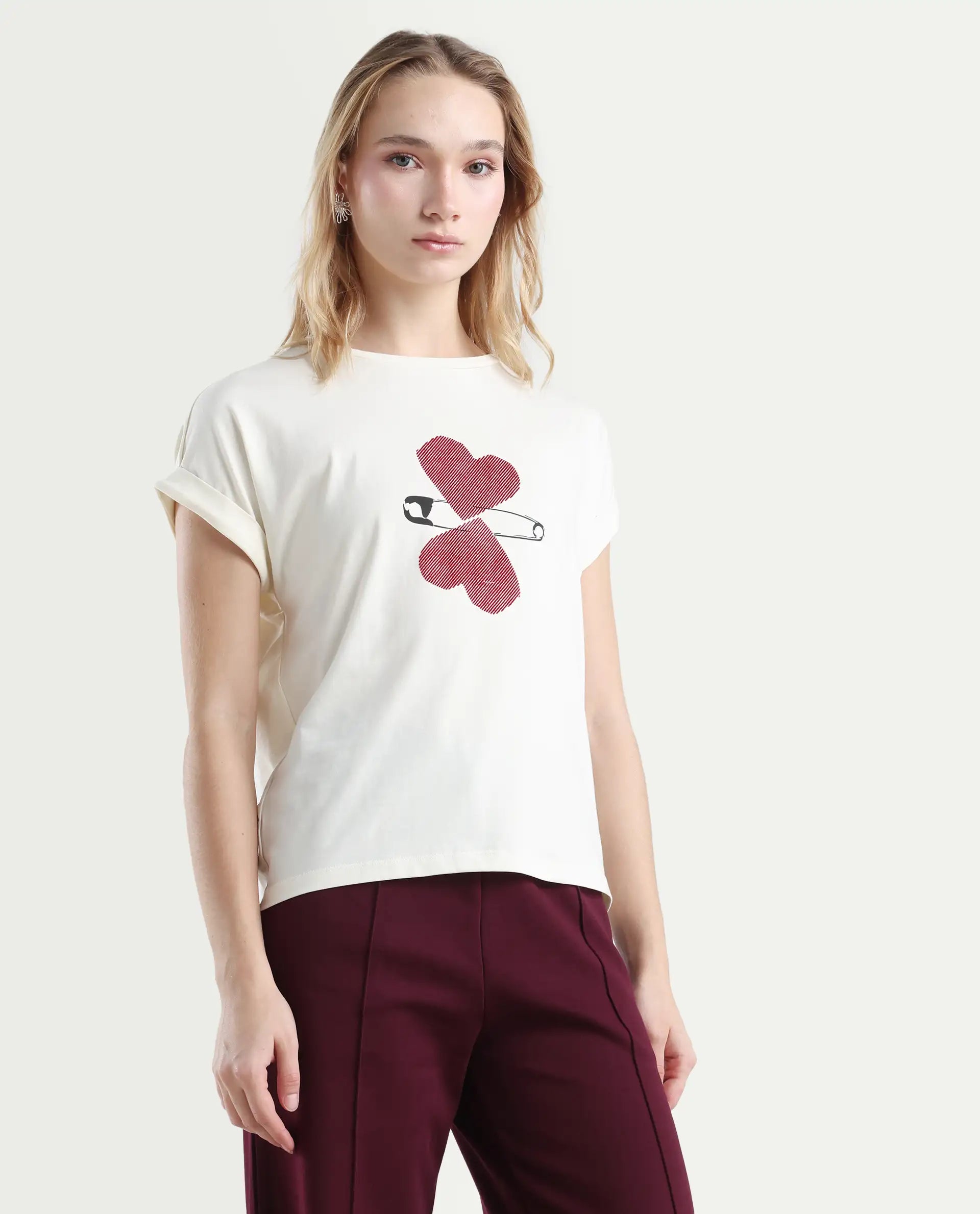 Rareism Women's Reve Off White Cotton Blend Crew Neck Relaxed Fit T-Shirt