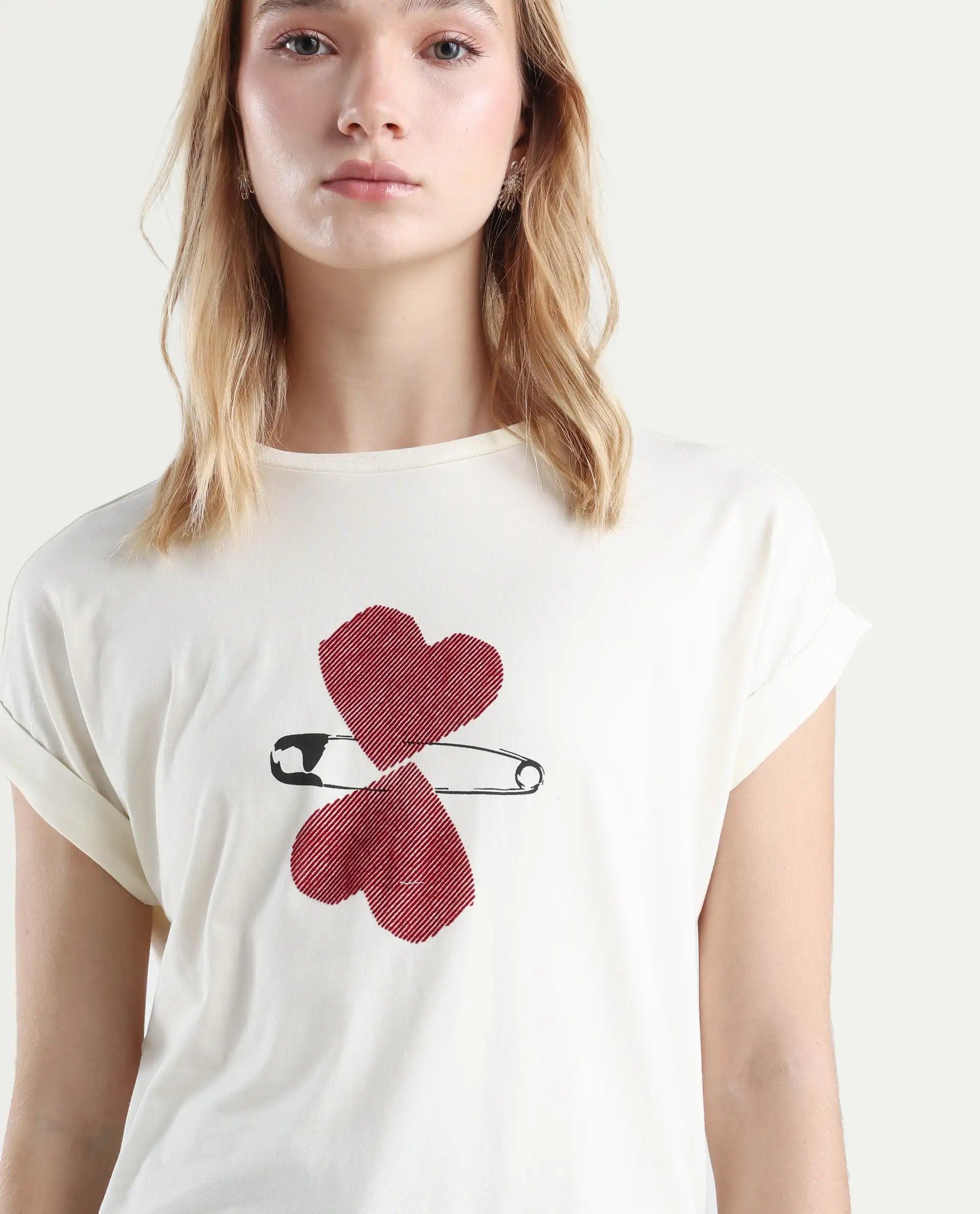 Rareism Women's Reve Off White Cotton Blend Crew Neck Relaxed Fit T-Shirt