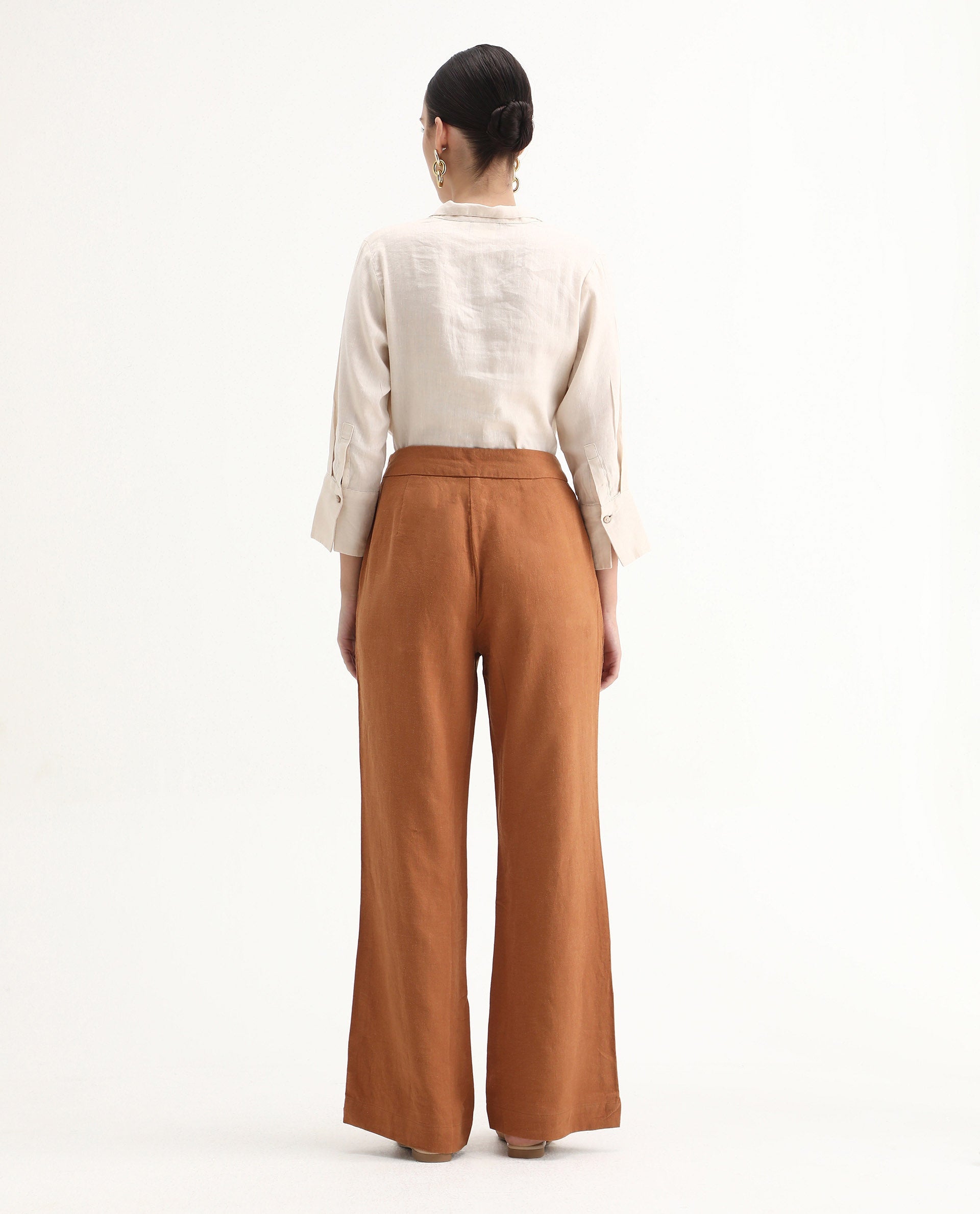 Rareism Women's Rica Pastel Orange Cotton Linen Plain Ankle Length Regular Fit Trouser