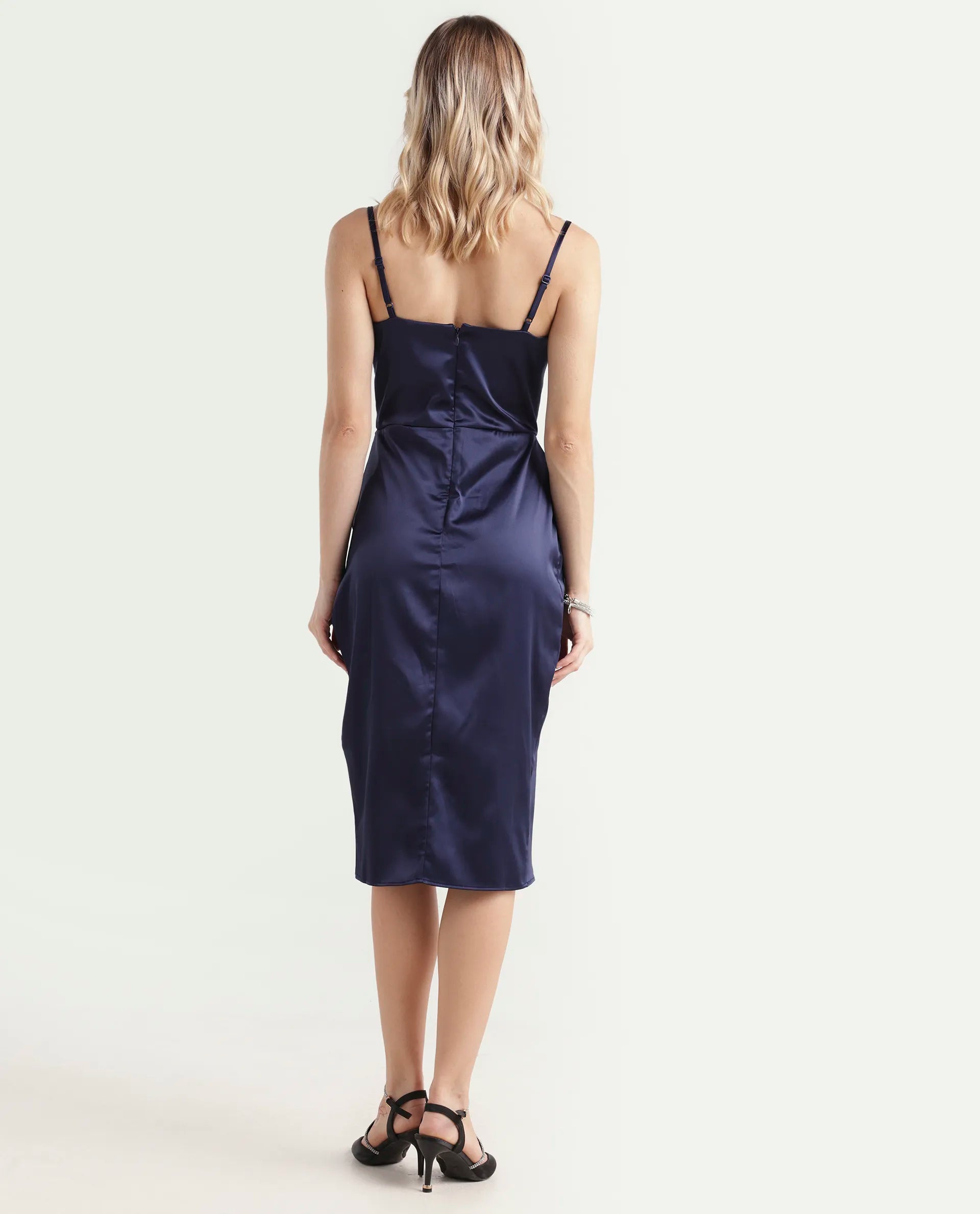 Rareism Women's Rilu Sheen Navy Polyester Blend Cowl Neck Plain Shoulder Strap Knee Length Regular Fit Dress