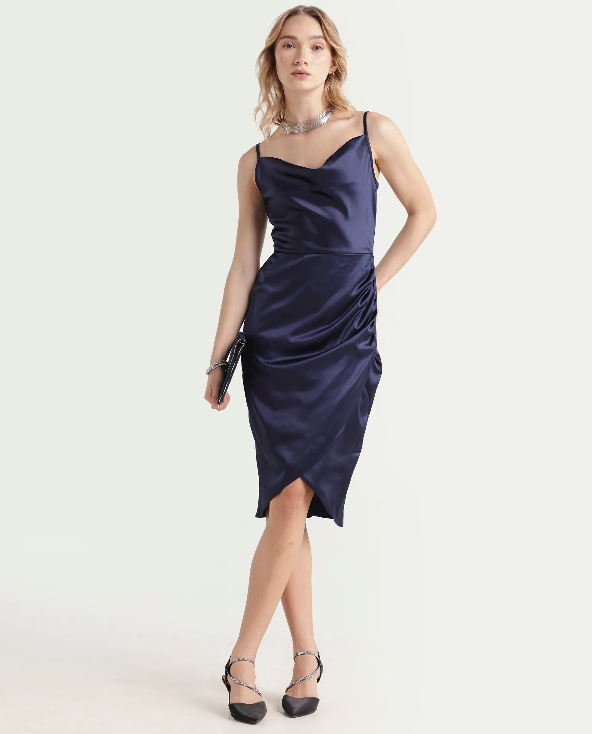 Rareism Women's Rilu Sheen Navy Polyester Blend Cowl Neck Plain Shoulder Strap Knee Length Regular Fit Dress