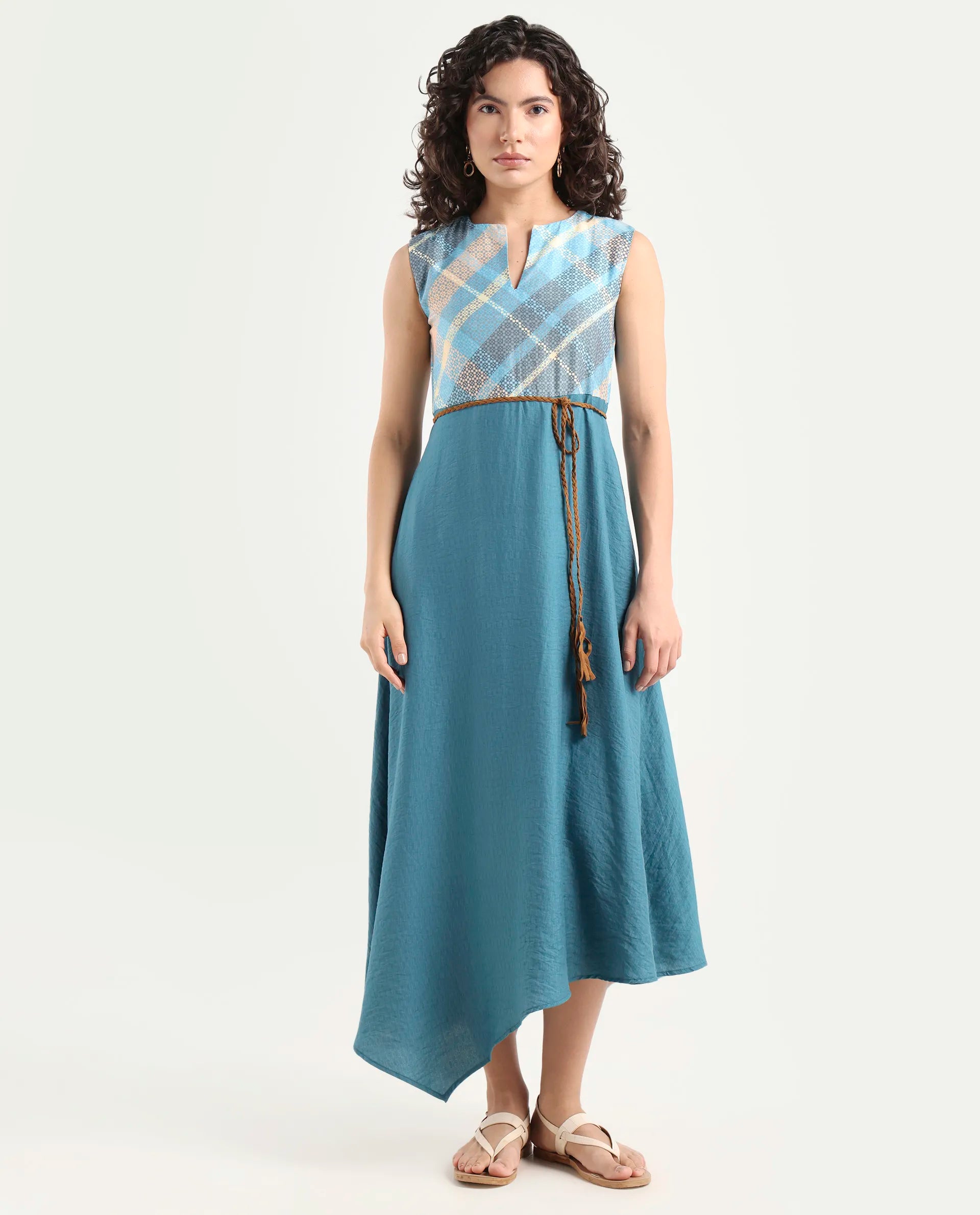 Rareism Women's Riskal Blue Cotton Round Neck Flannel Print Sleeveless Maxi Fit And Flare Dress