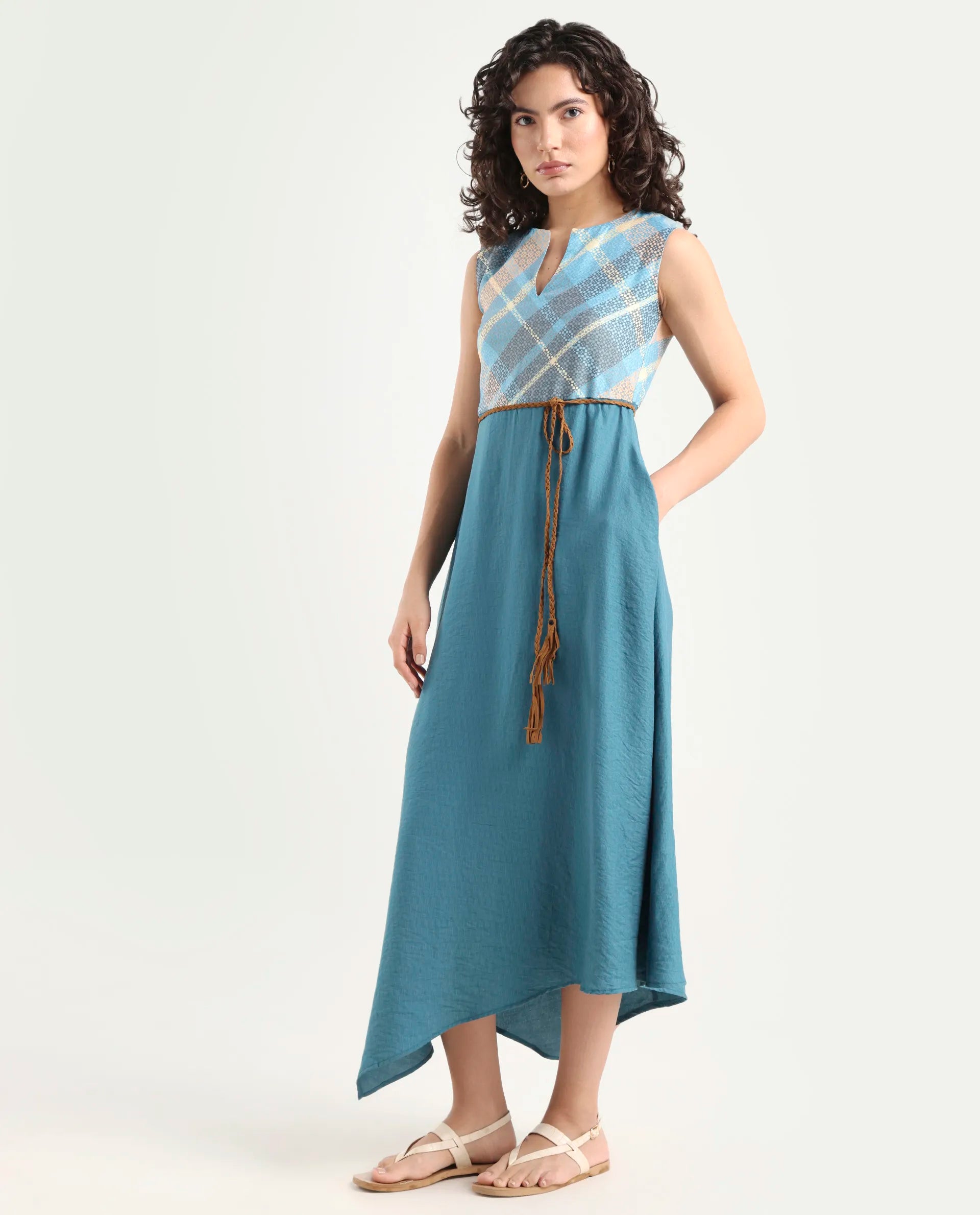 Rareism Women's Riskal Blue Cotton Round Neck Flannel Print Sleeveless Maxi Fit And Flare Dress