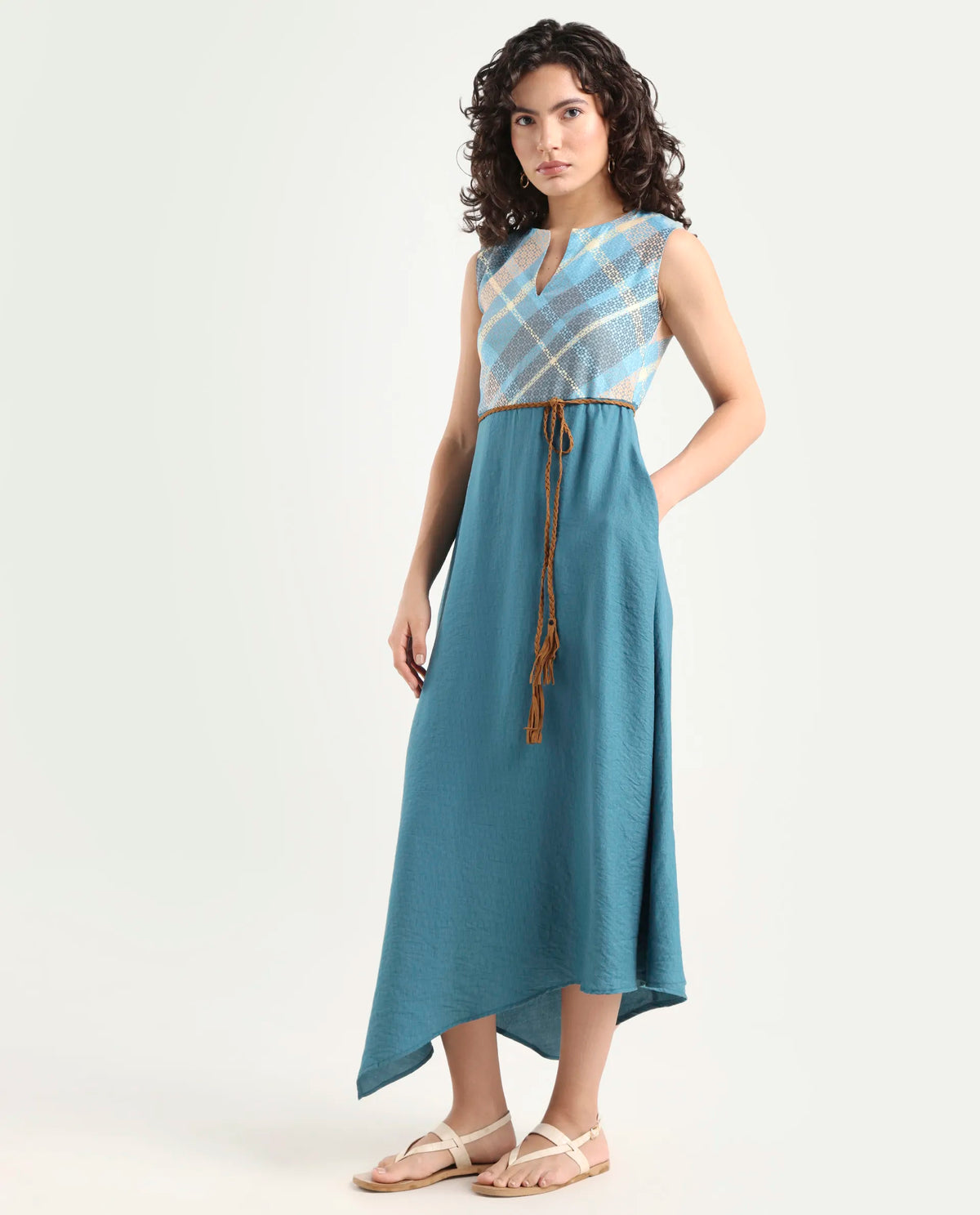 Rareism Women's Riskal Blue Cotton Round Neck Flannel Print Sleeveless Maxi Fit And Flare Dress