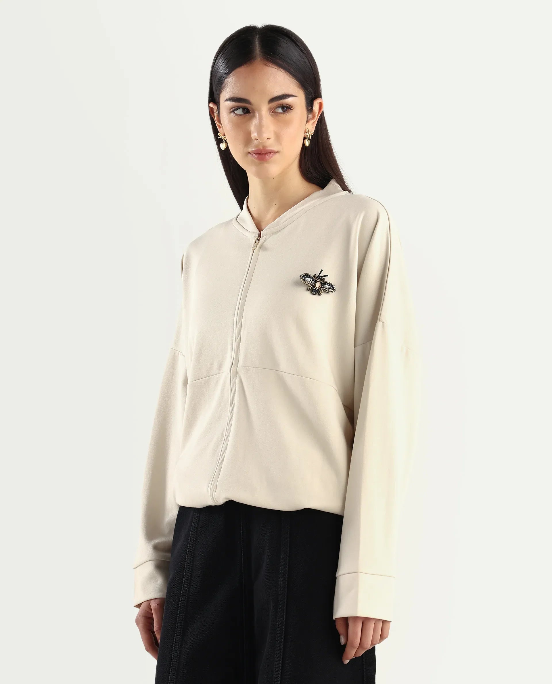 Rareism Women's Rize Off White Modal Blend Ribbed Collar Plain Relaxed Fit Sweatshirt