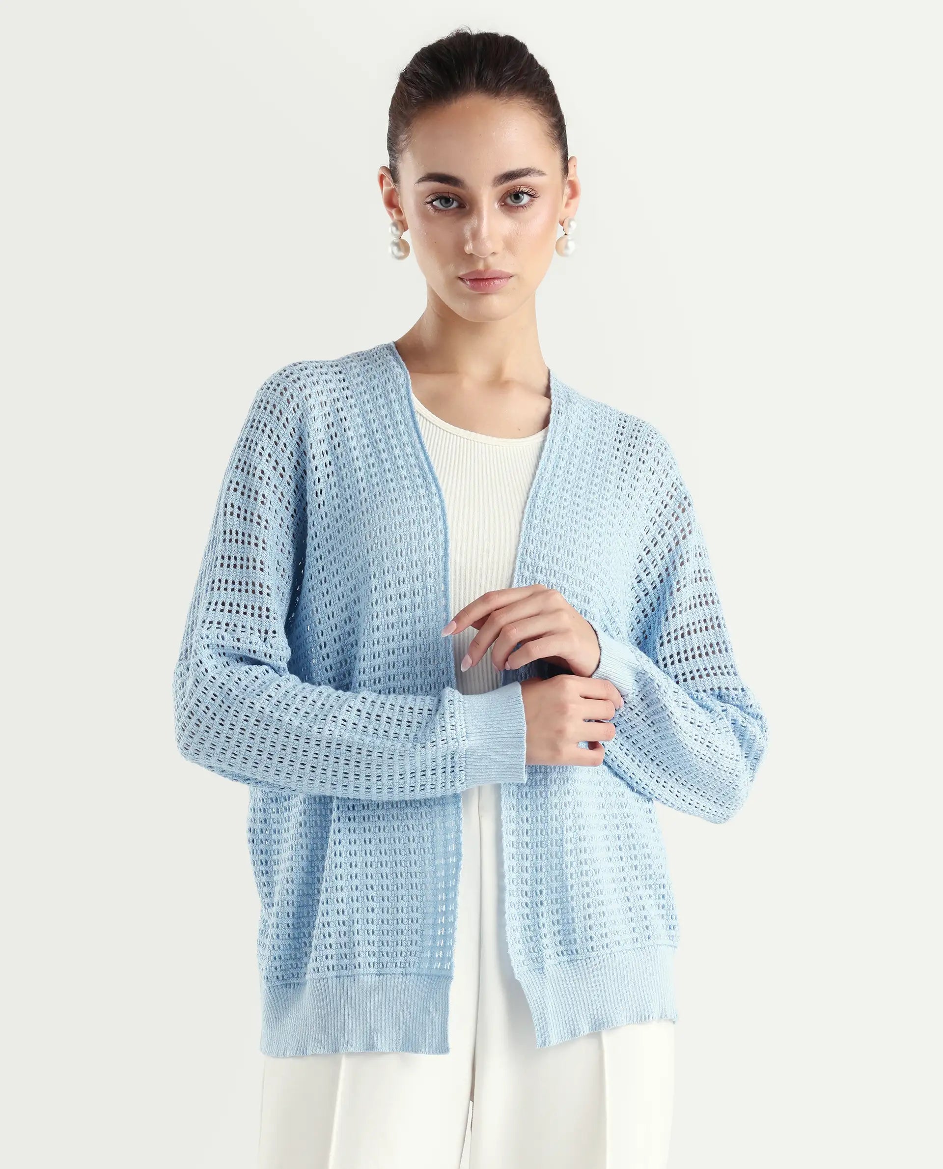 Rareism Women's Roba Light Blue Cotton Plain Relaxed Fit Shrug