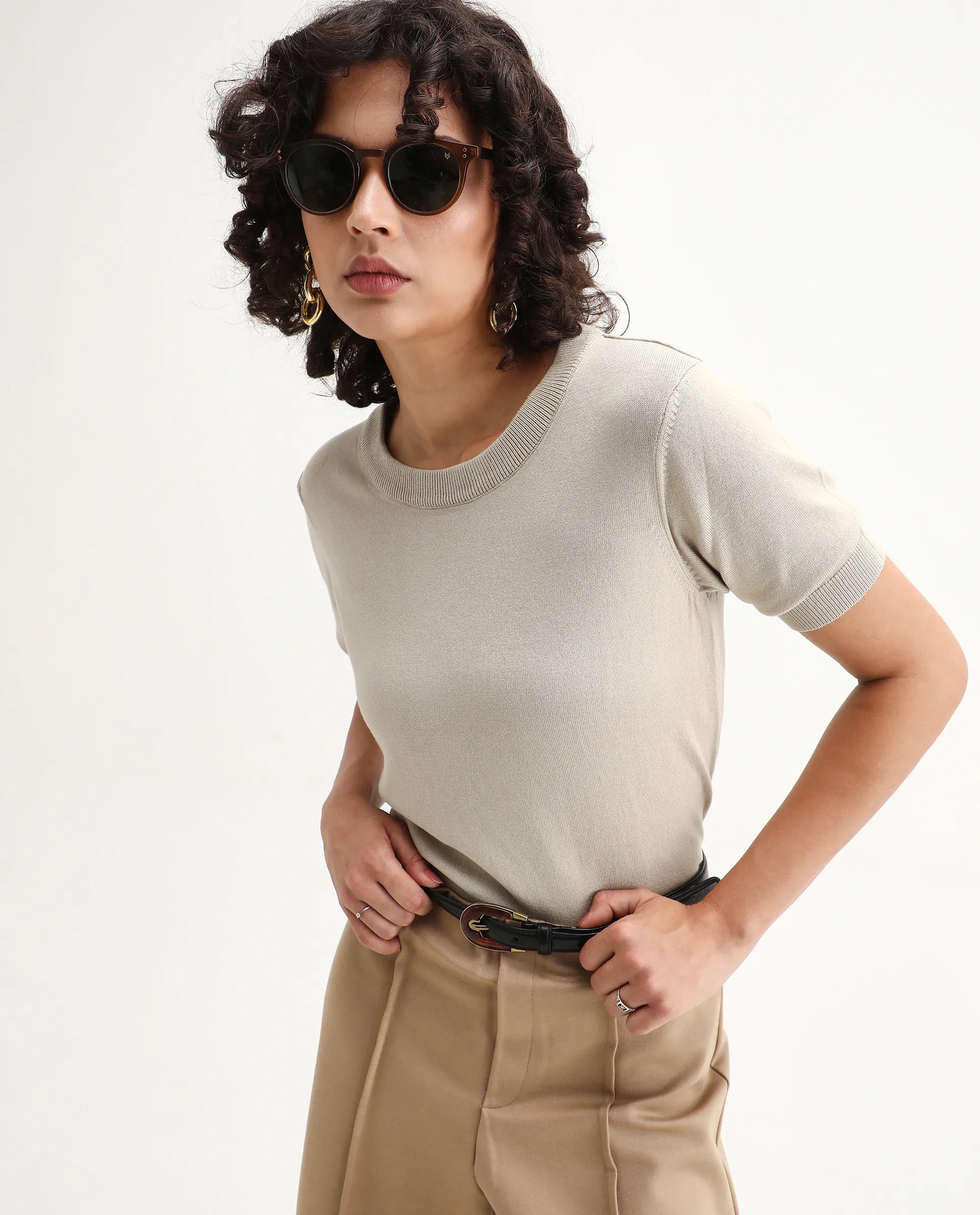 Rareism Women's Rohrdo Light Beige Viscose Blend Crew Neck Regular Fit Plain Top