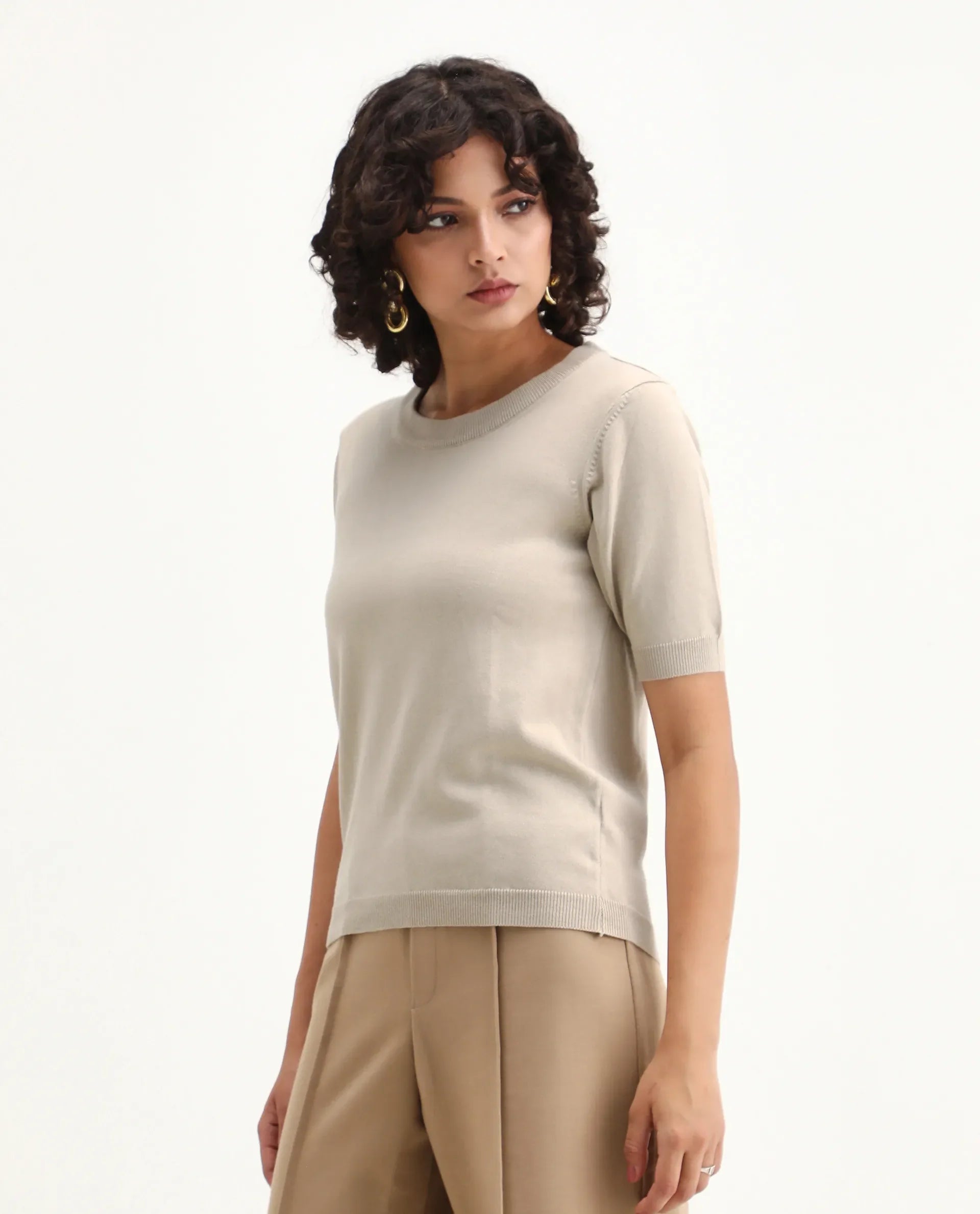 Rareism Women's Rohrdo Light Beige Viscose Blend Crew Neck Regular Fit Plain Top