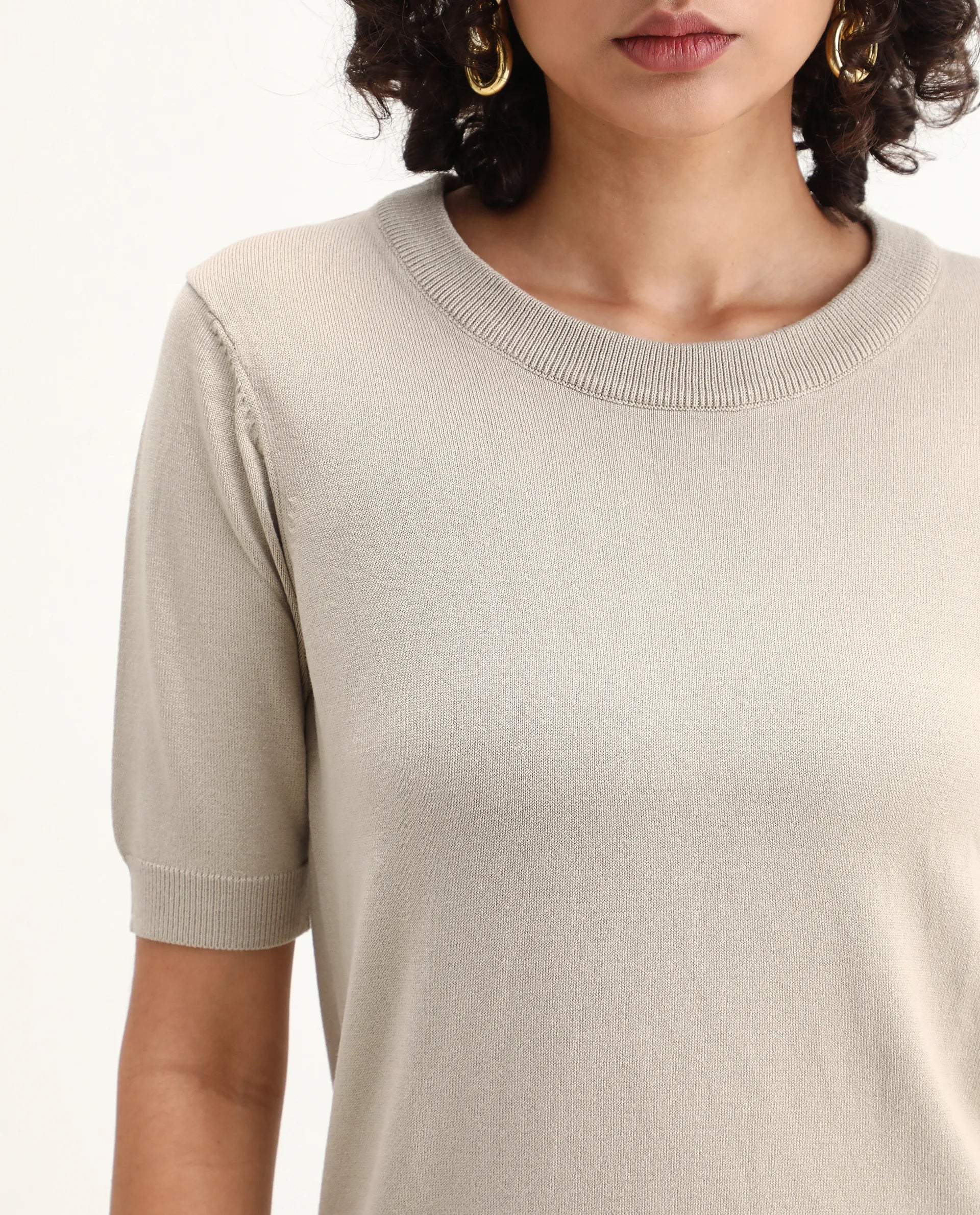 Rareism Women's Rohrdo Light Beige Viscose Blend Crew Neck Regular Fit Plain Top