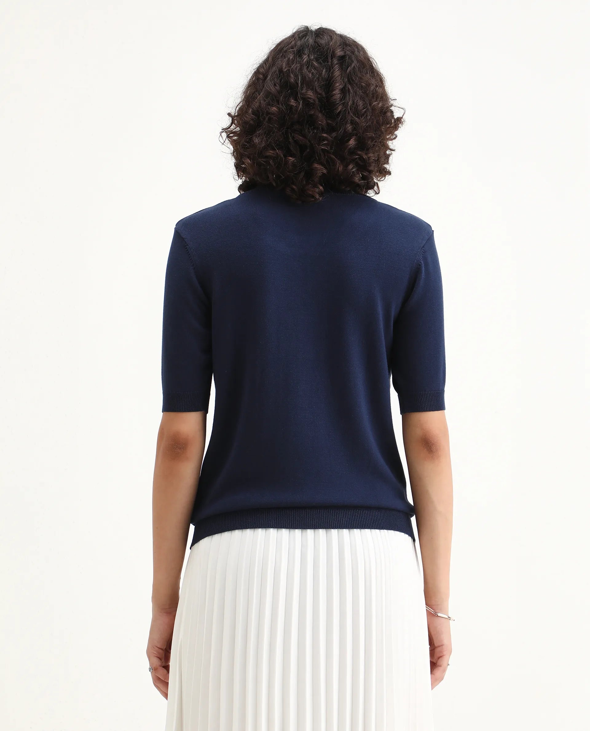 Rareism Women's Rohrdo Dark Navy Viscose Blend Crew Neck Regular Fit Plain Top