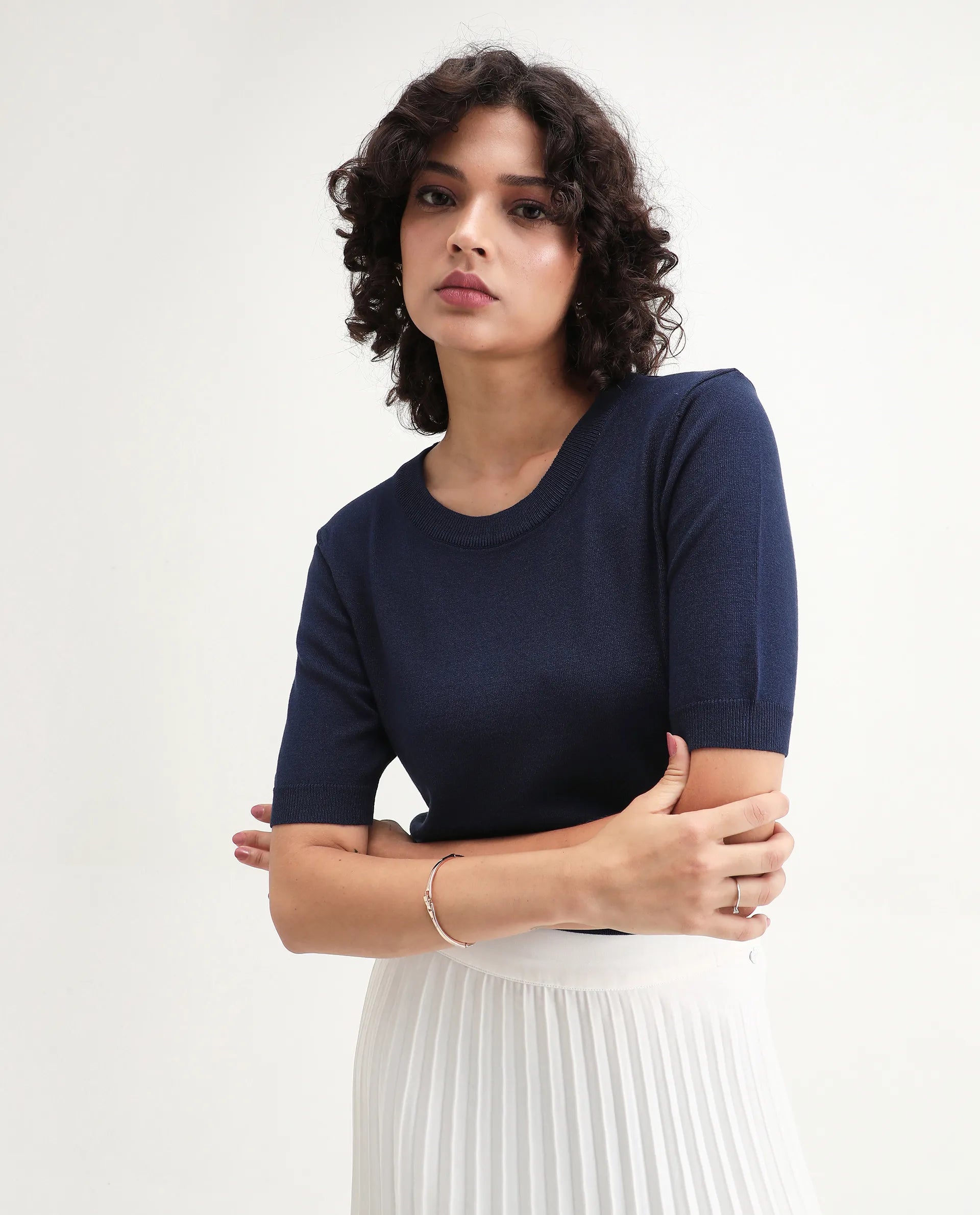 Rareism Women's Rohrdo Dark Navy Viscose Blend Crew Neck Regular Fit Plain Sweater