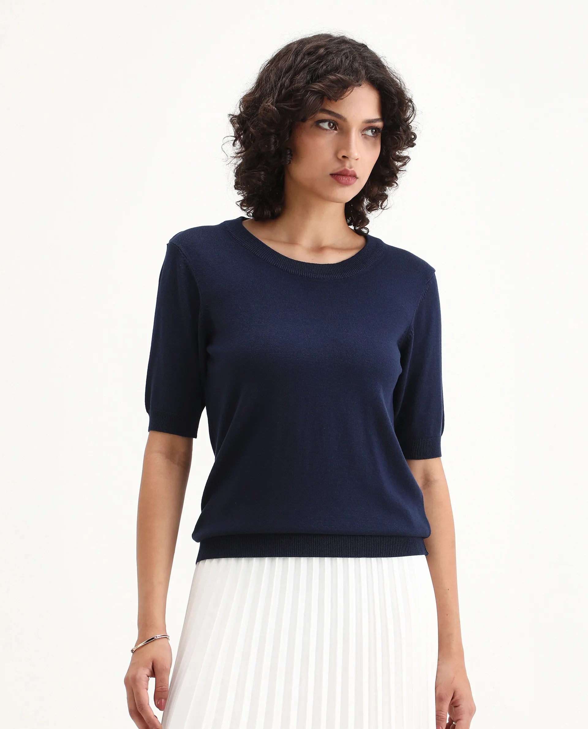 Rareism Women's Rohrdo Dark Navy Viscose Blend Crew Neck Regular Fit Plain Sweater