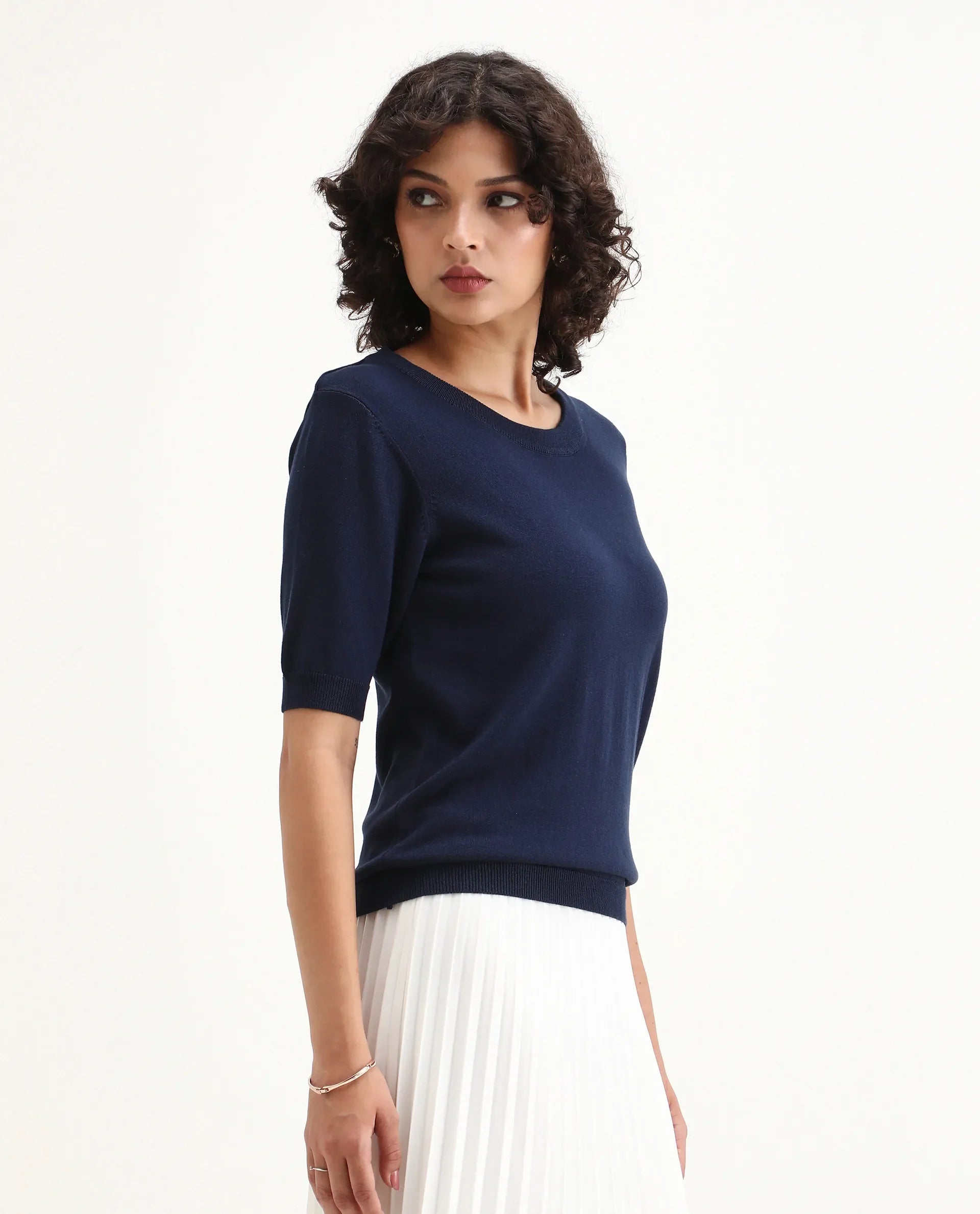 Rareism Women's Rohrdo Dark Navy Viscose Blend Crew Neck Regular Fit Plain Top